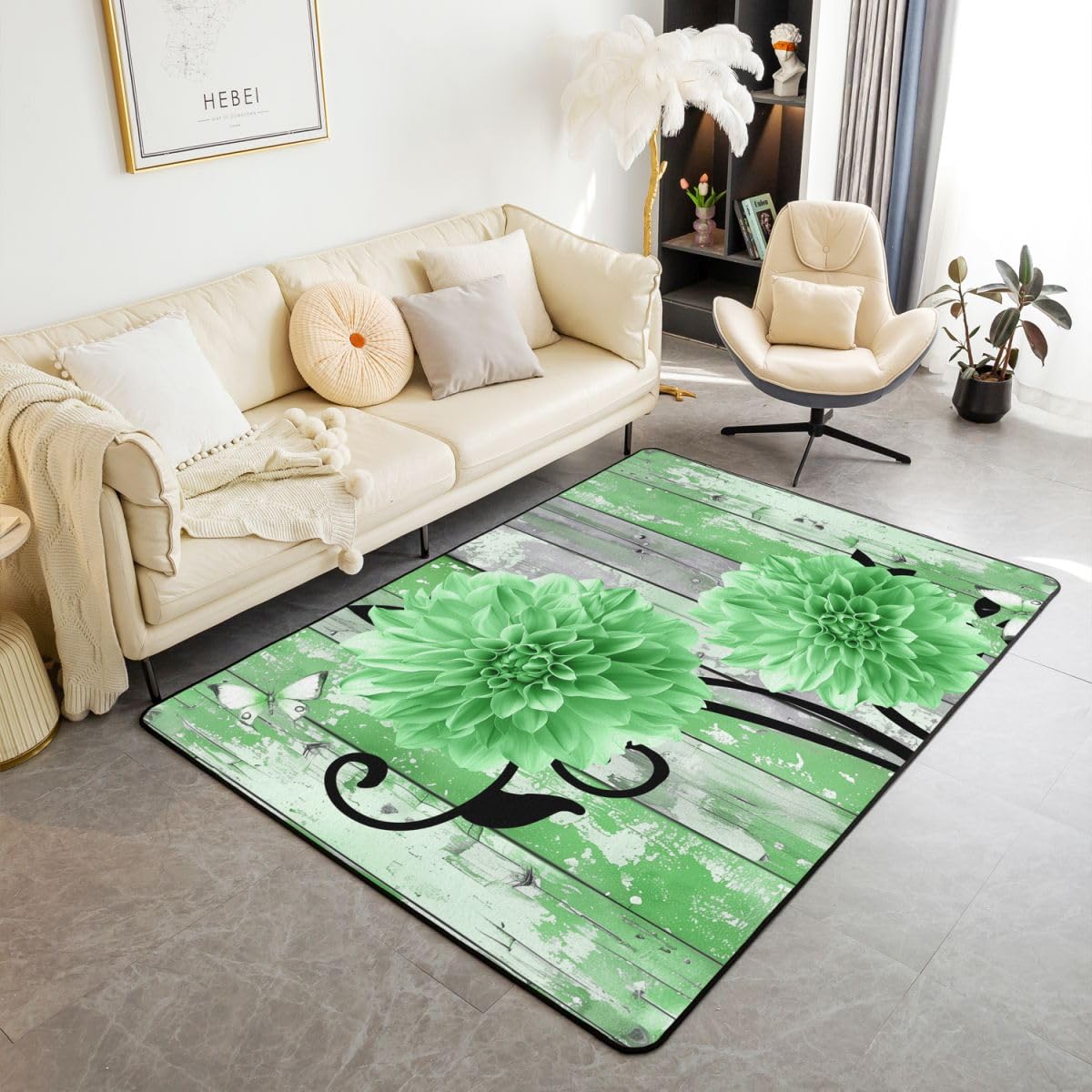 Homewish Dywaniki kwiatowe 150 x 200 cm do sypialni salonu - zielone kwiaty dalii nowoczesny dywan podłogowy rustykalny dom wiejski kwiat duże dywany retro drewniany wiejski botaniczny niegubiący
