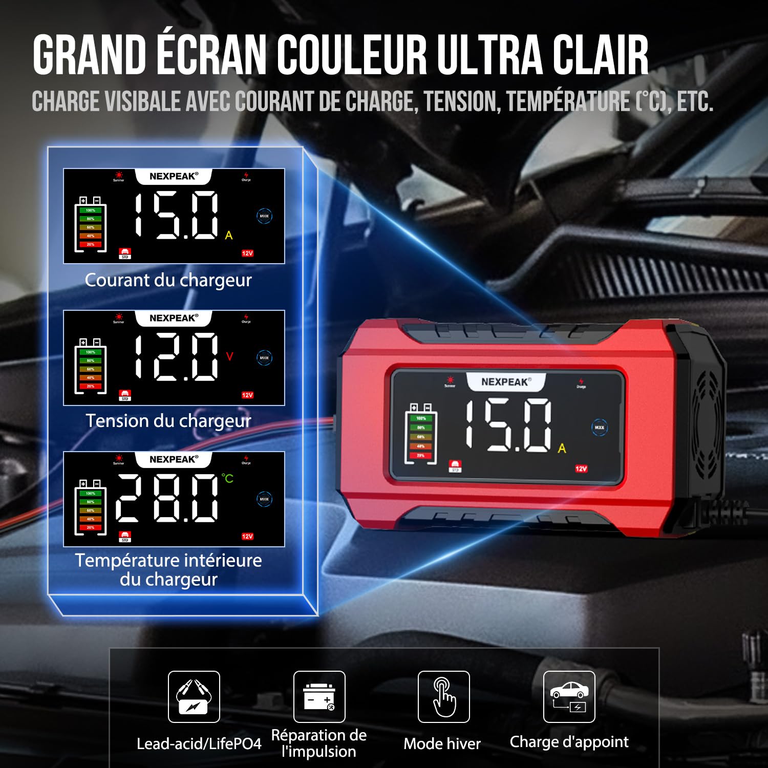 15A Chargeur de Batterie de Voiture, 12V 15A/24V 8A Chargeur de Batterie Intelligent Entièrement Automatique avec Compensation de Température pour Les Batteries Plomb-Acide et LifePO4