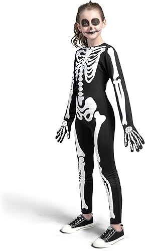 Miniatura 7 de Spooktacular Creations Disfraz de esqueleto para niños, overol unisex de esqueleto que brilla en la oscuridad con guantes para niños y niñas