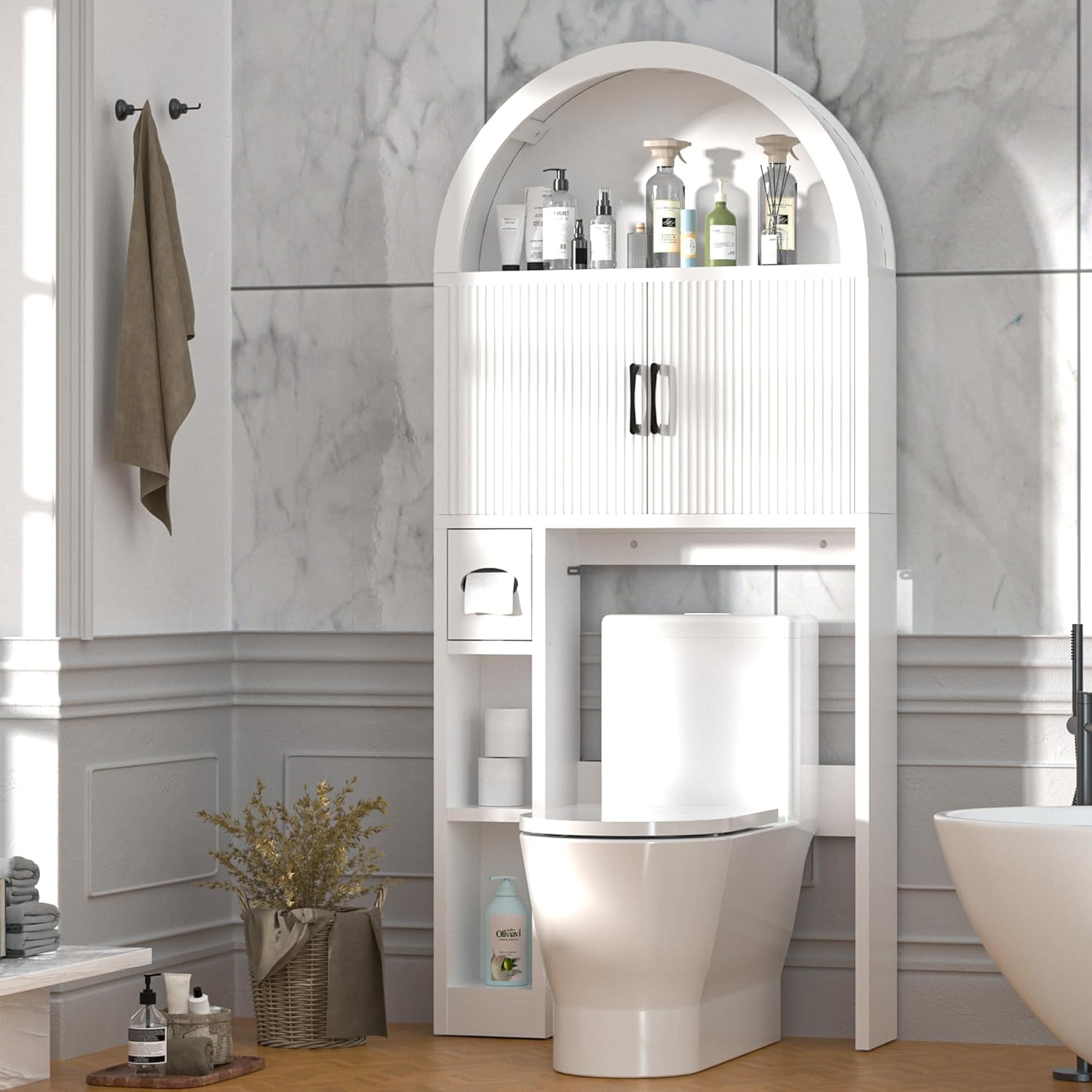 Over The Toilet Storage Cabinet, Bathroom Organizer Over Toilet, Arched Storage Organizer Cabinet with Anti-Tip Device and Adjustable Shelf for Washroom Laundry and Restroom, Natural