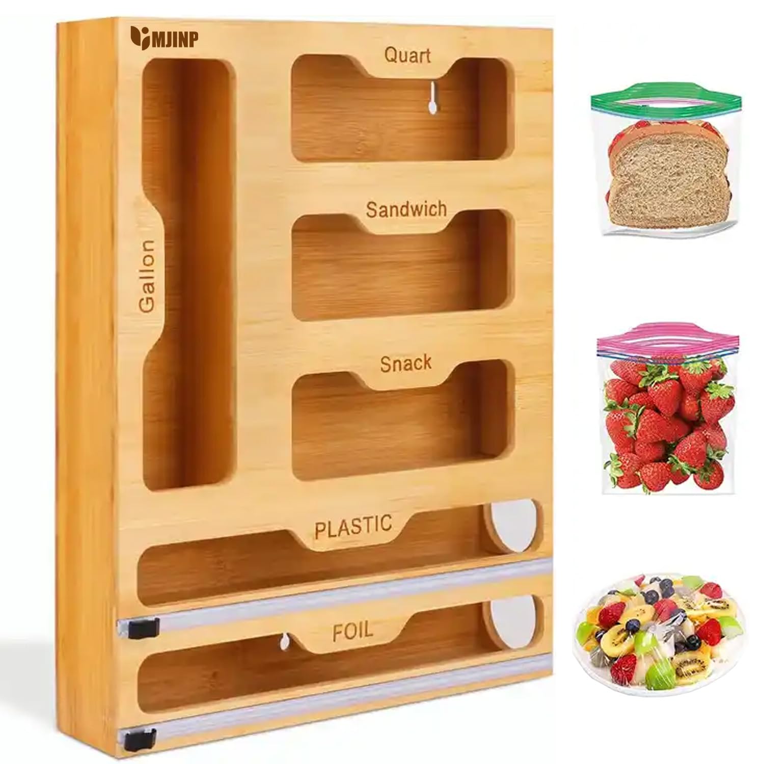 Bamboo 5 in 1 Ziplock Bag Storage Organizer, Foil and Plastic Wrap Dispenser with Cutter, suitable for Gallon, Quart, Sandwich, Snacks, Zip Lock Plastic Bag Baggie Organizer for Kitchen