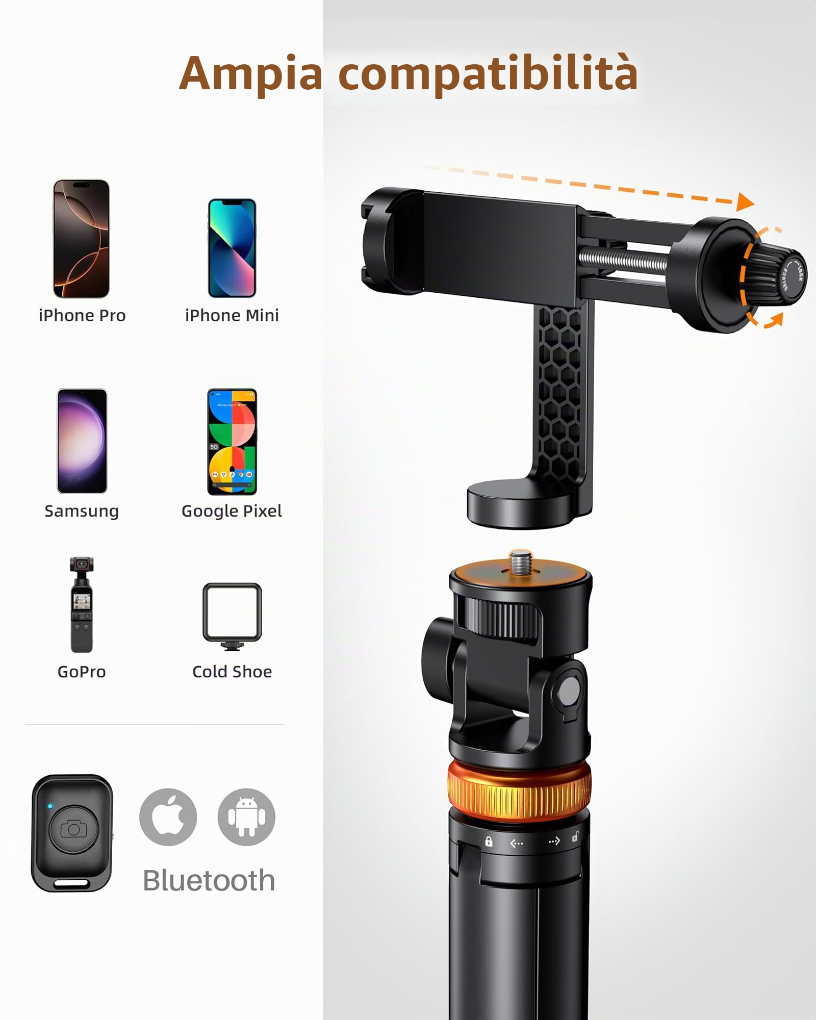 eucos Treppiede per cellulare per smartphone e bastone per selfie con telecomando, 158 cm, componenti strutturali e segmento estensibile, estensibile, girevole, per iPhone/Android
