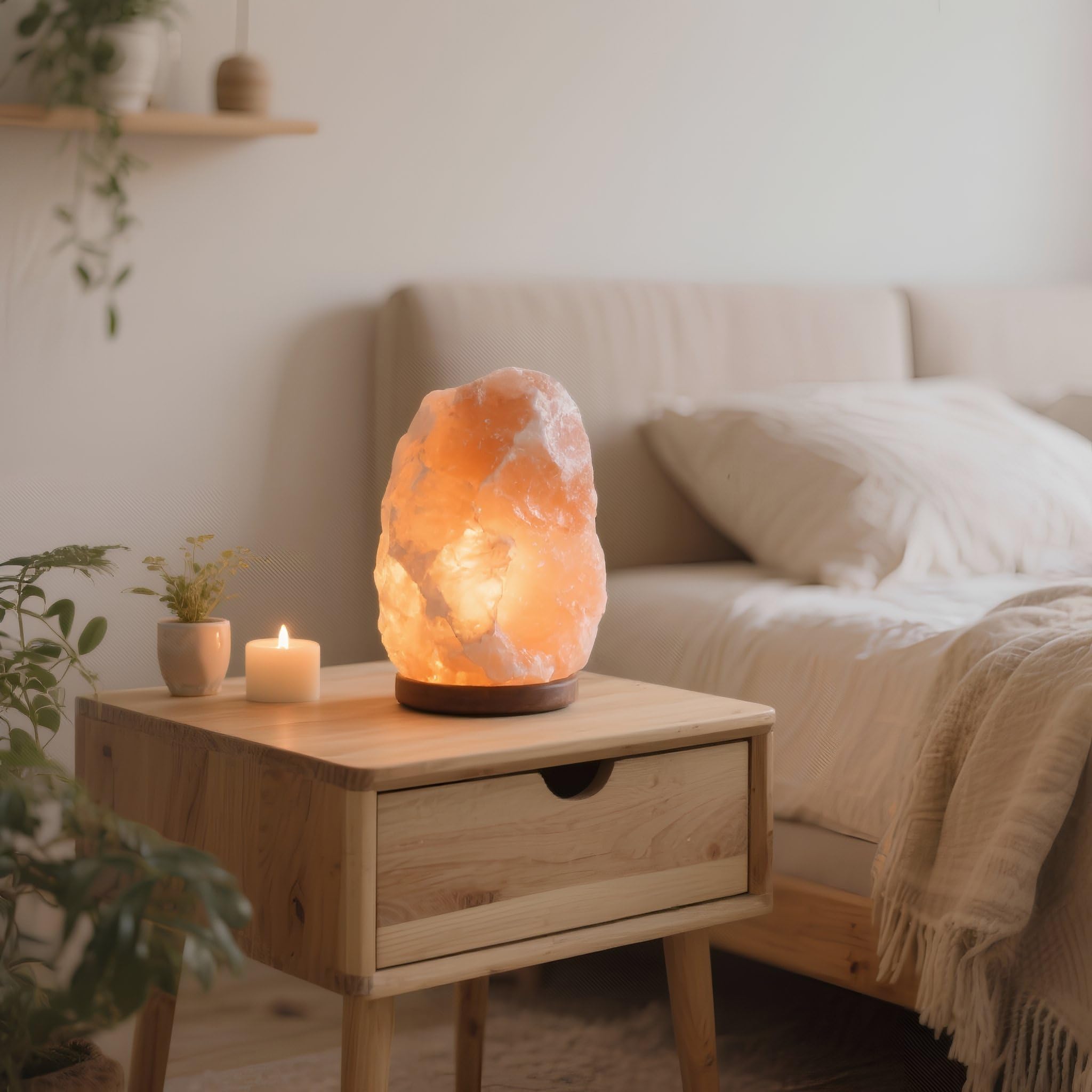H HANSEL HOME Lámpara de Sal Natural del Himalaya, 1.5-2kg, 100% Natural, con Cable y Bombilla Incluida, Base de Madera – Lámpara de Sal para un Ambiente Relajante y Saludable