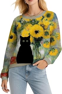 Cat Floral Print Sweatshirt for Women Fall Fashion Tops Casual Long Sleeve Crewneck Party Work Daily Clothing