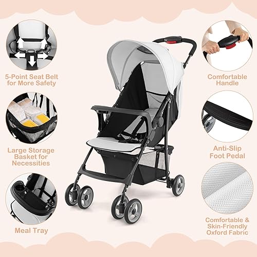 Miniatura 5 de HONEY JOY Cochecito ligero, cochecito de viaje compacto para avión, cochecito plegable para niños pequeños con toldo y respaldo ajustables, canasta