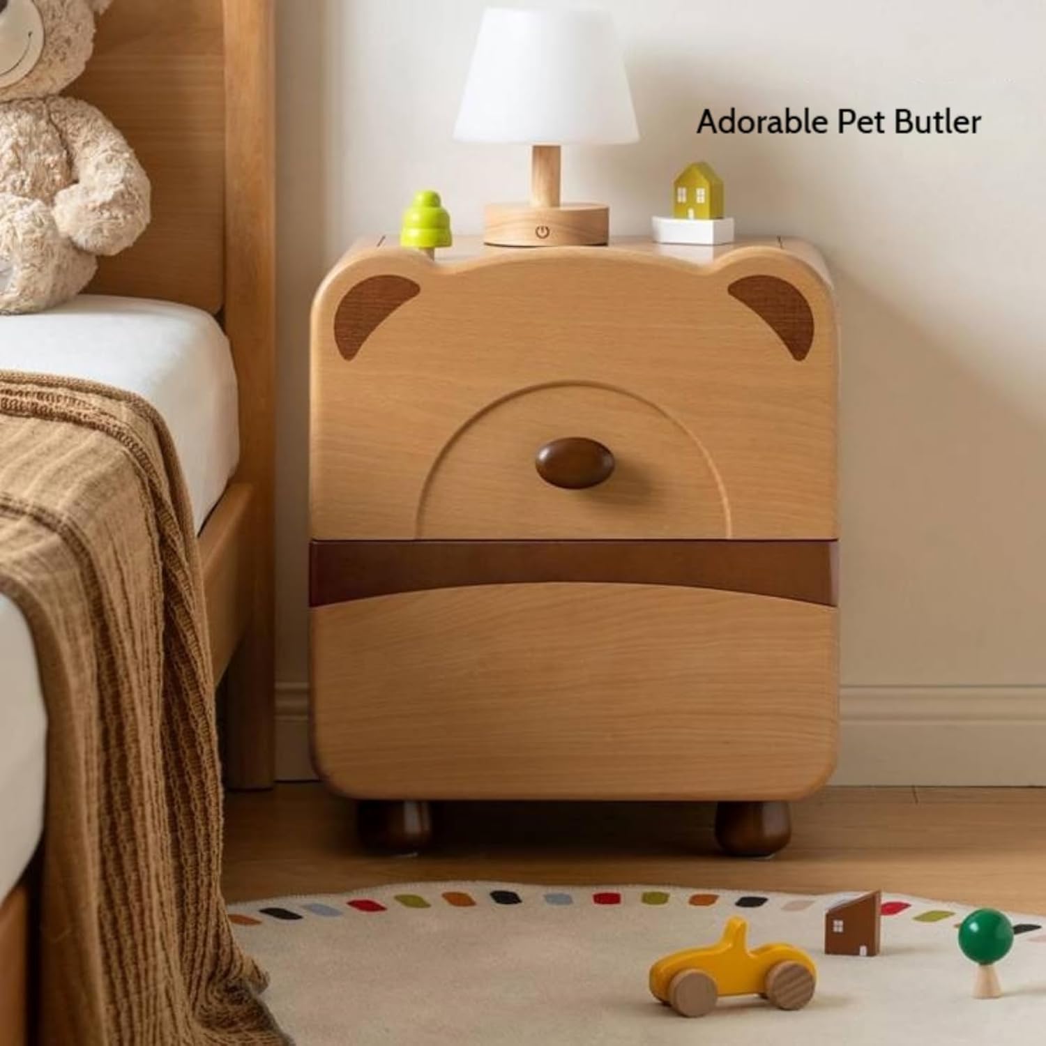GVAwood Beech Solid Wood Children s Cartoon Bear Nightstand 15.7x13.8x18.5 inch / 40x35x47 cm/Natural Wood Color/Nightstand