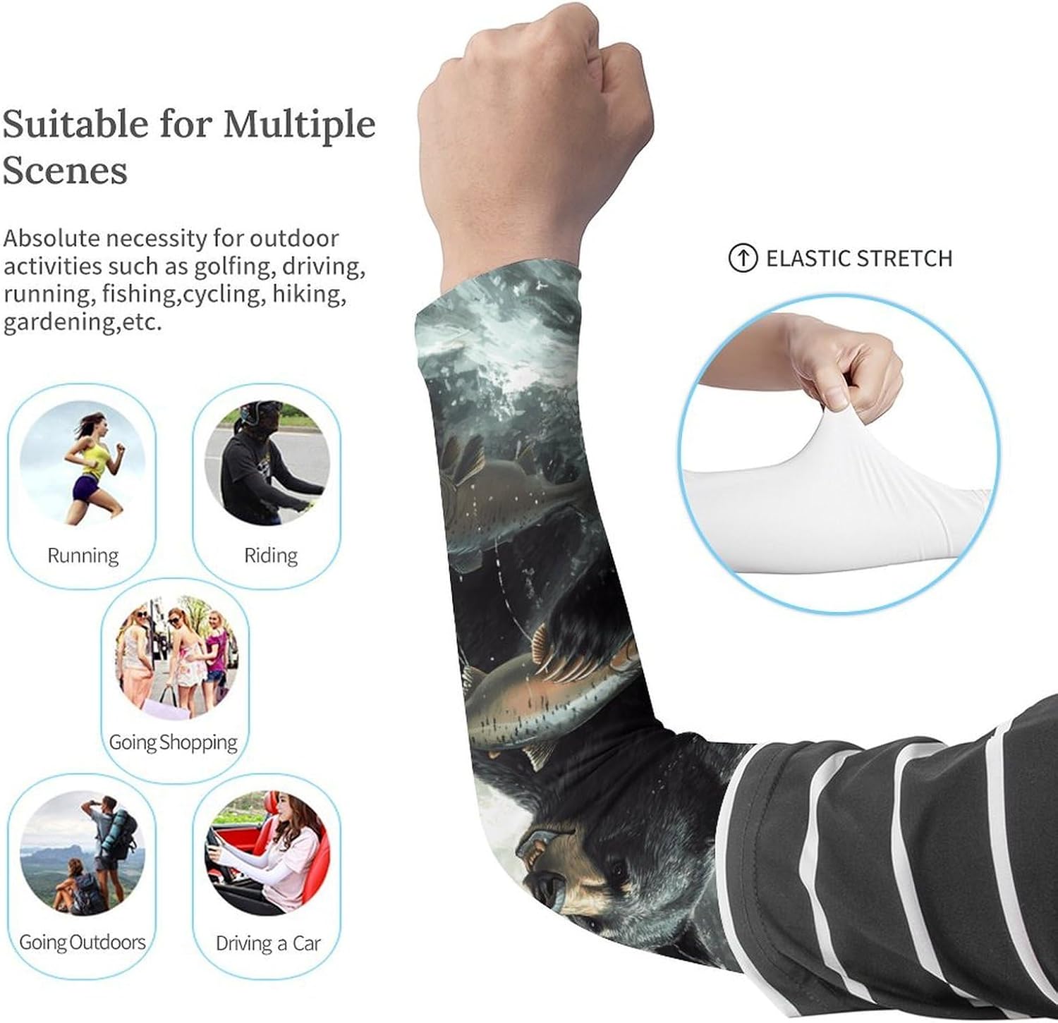 Black Bear Catching Salmons Fish Arm Sleeves Cooling Sun Protection Sports Compression for Golf Basketball