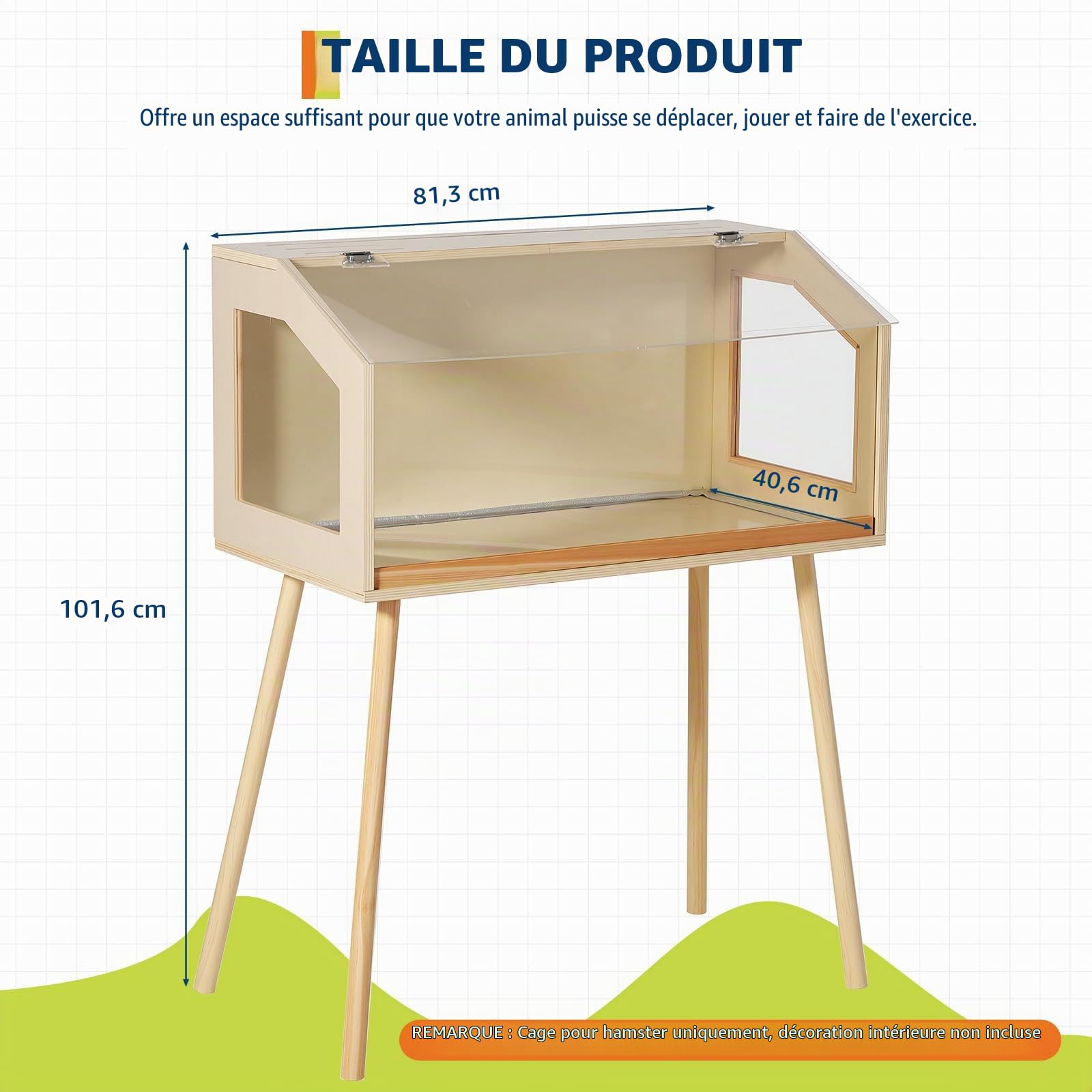 Cage en Bois pour Petits Animaux avec Pieds – Habitat ventilé, fenêtre Acrylique, Toit ouvrant, Anti-Rongeur, Petite Taille 81,28x40,64x101,60cm – pour Hamster Nain, Gerbille, Rat