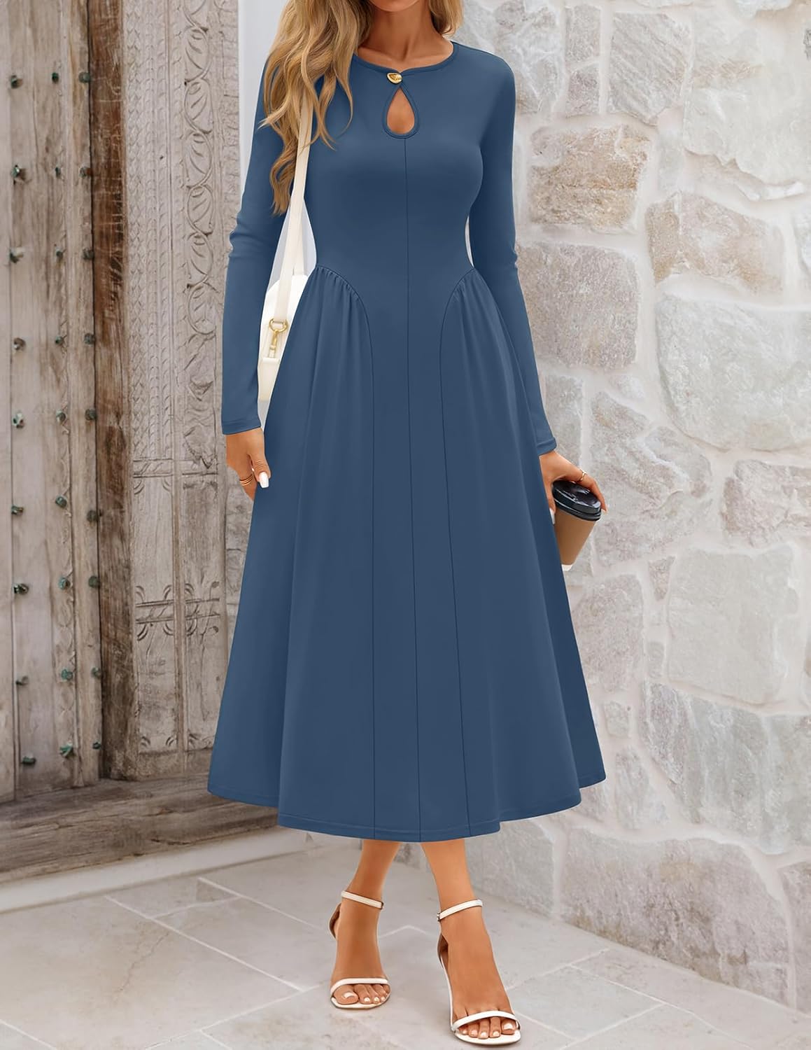 MEROKEETY Women's Long Sleeve Wedding Guest Dresses 2026 Fall Fashion Elegant Cutout A Line Midi Maxi Dress - Image 2