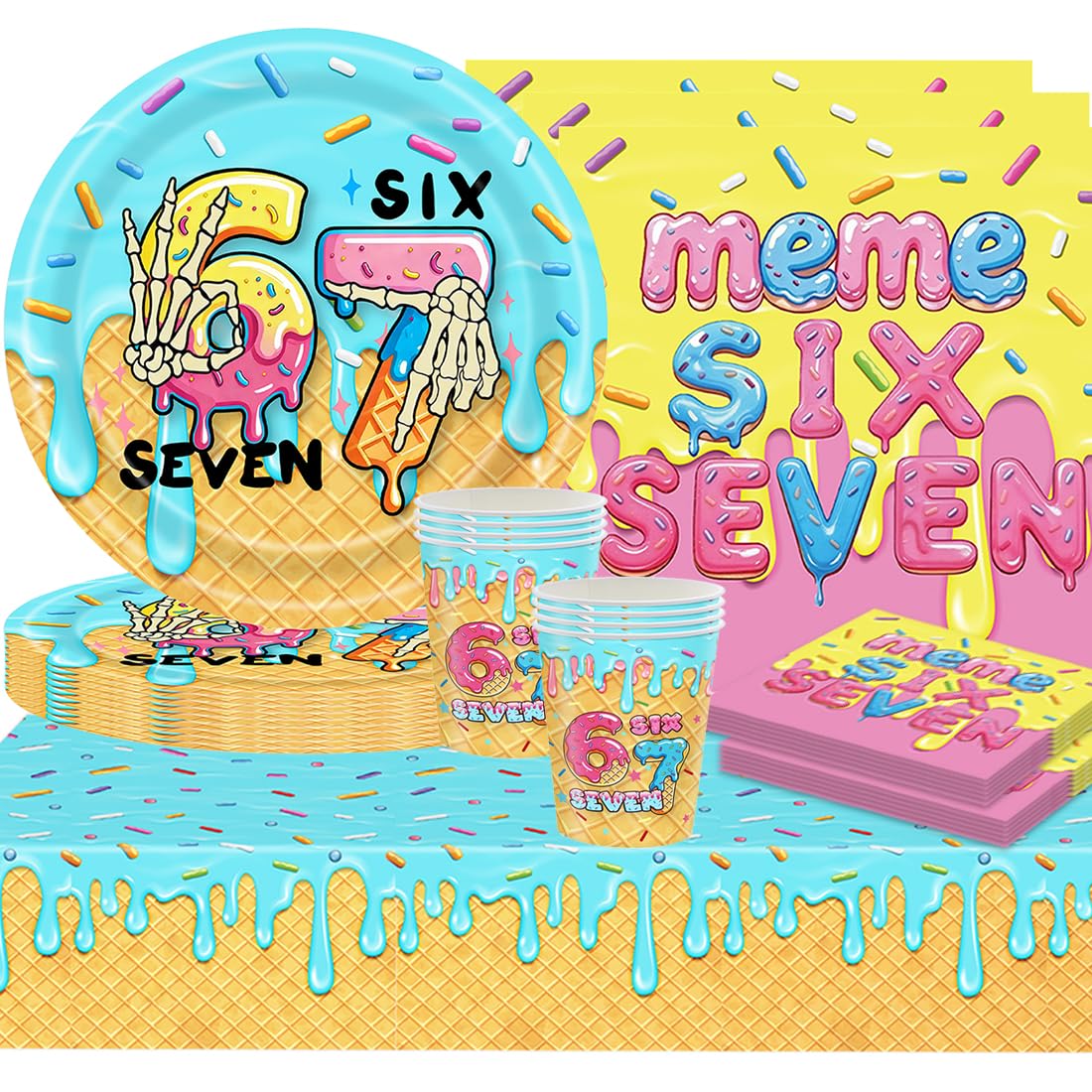 SANYUANHE 67 Ice Cream Party Tableware Set,Six Seven 67 Meme Fun Party Supplies,Donut Birthday Party Decorations,Including Paper Plates Paper Cups Napkins Tablecloth(61 Piece)