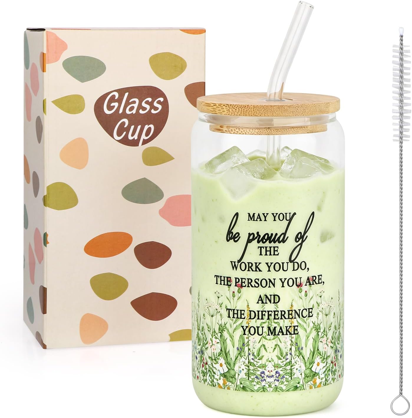 VOBAGA16oz Iced Coffee Glass Cup with Lid & Straw, Appreciation Gift for Employees Coworker Colleague, Drinking Glasses for Smoothies, Corporate Welfare & Birthday Gift for Women Men, Office Daily Use