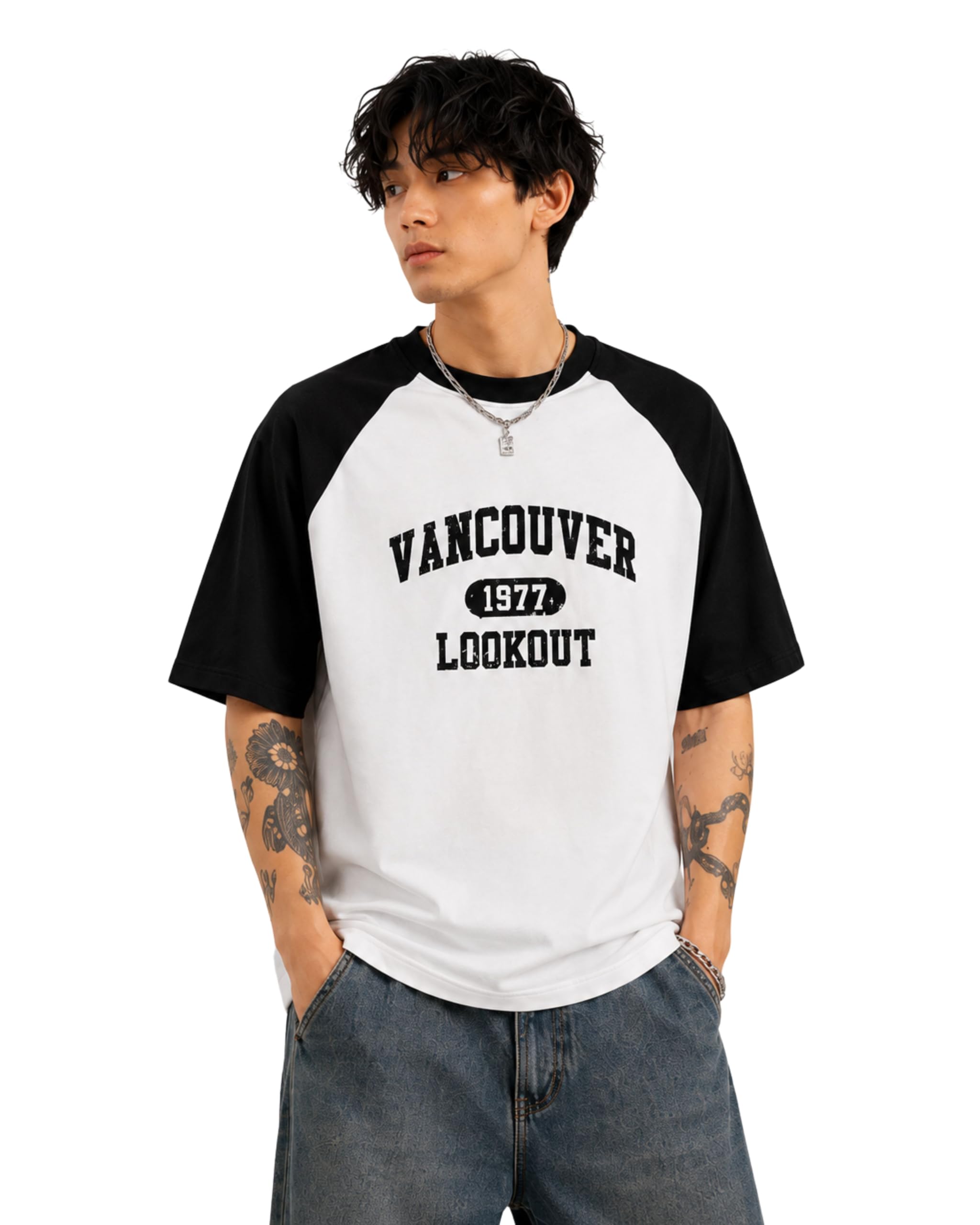 rodsey Men's Oversized Drop Shoulder Raglan T-Shirt White & Black-picture-25