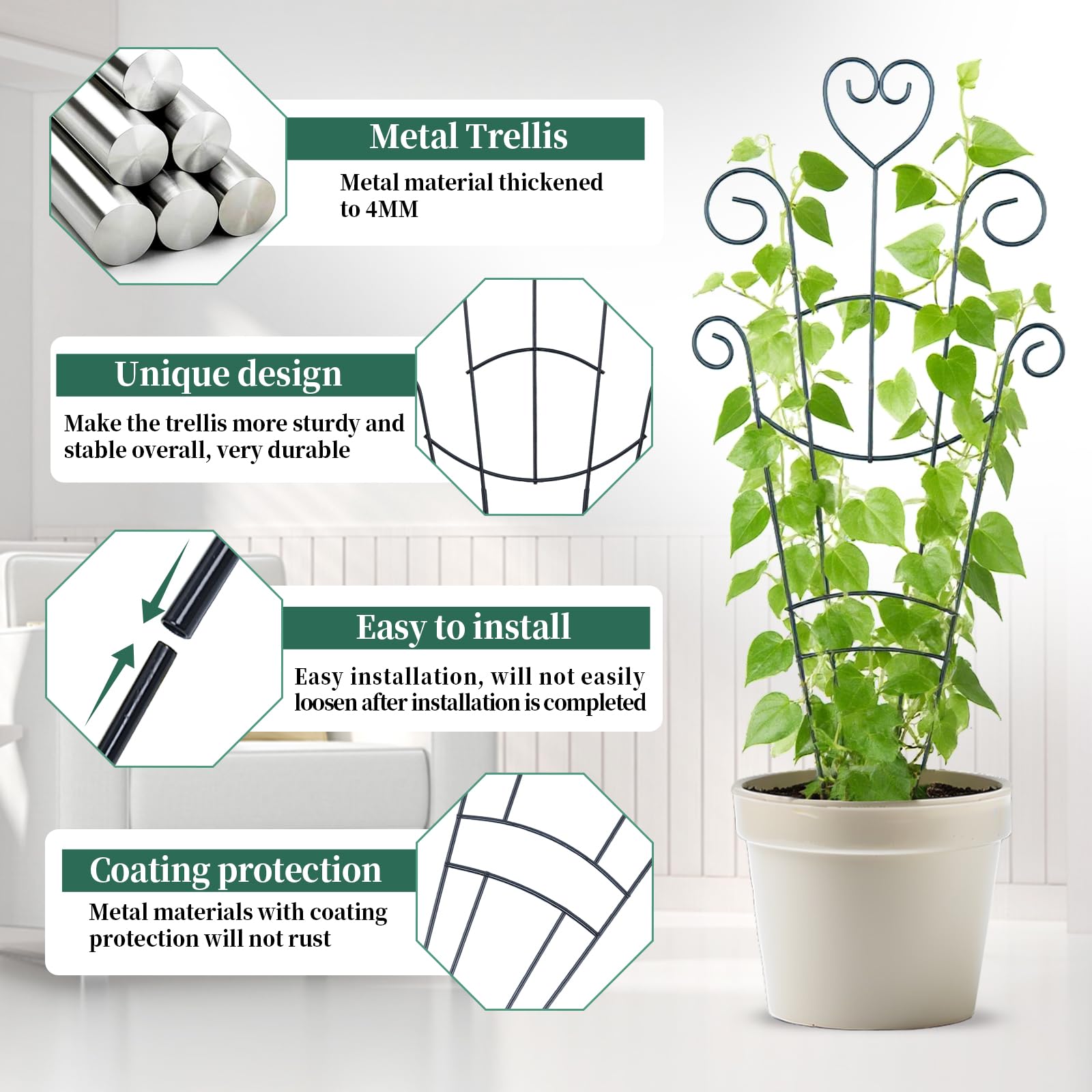 Lot de 4 treillis de 81,3 cm pour plantes grimpantes d'intérieur et d'extérieur en métal pour plantes en pot, support de plantes d'intérieur et d'extérieur pour lierre, Pothos, Monstera, Hoya, fleur