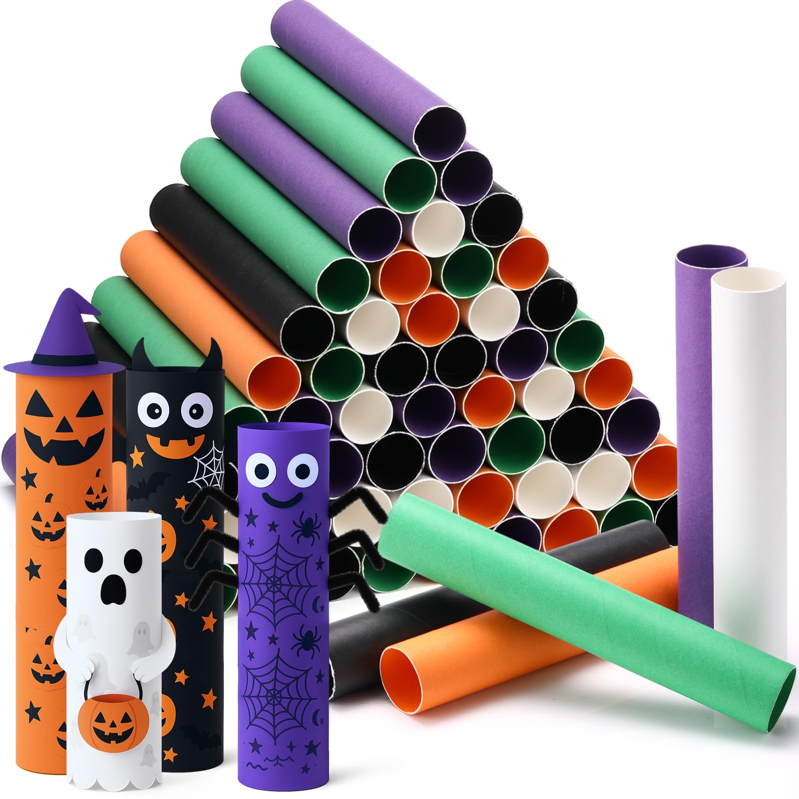 MotiMind 60 tubos de cartón para manualidades, 2 tamaños, rollos vacíos de papel higiénico, tubos de cartón a granel para proyectos de bricolaje en el aula (Halloween, 1.4 x 10 pulgadas, 1.6 x 10
