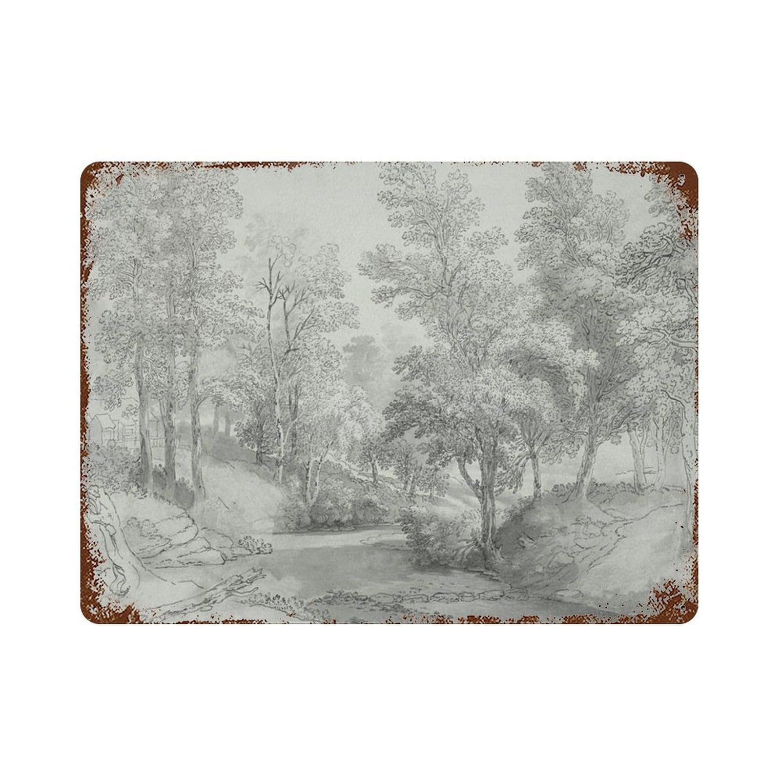 xiaoxiaoshen Forest River Vintage Sketch Nature Landscape Drawing, Gray, Wall Decor Art Metal Tin Poster Modern Home Decor Art Home Bar Shop Decorations Vintage Sign 30x40cm