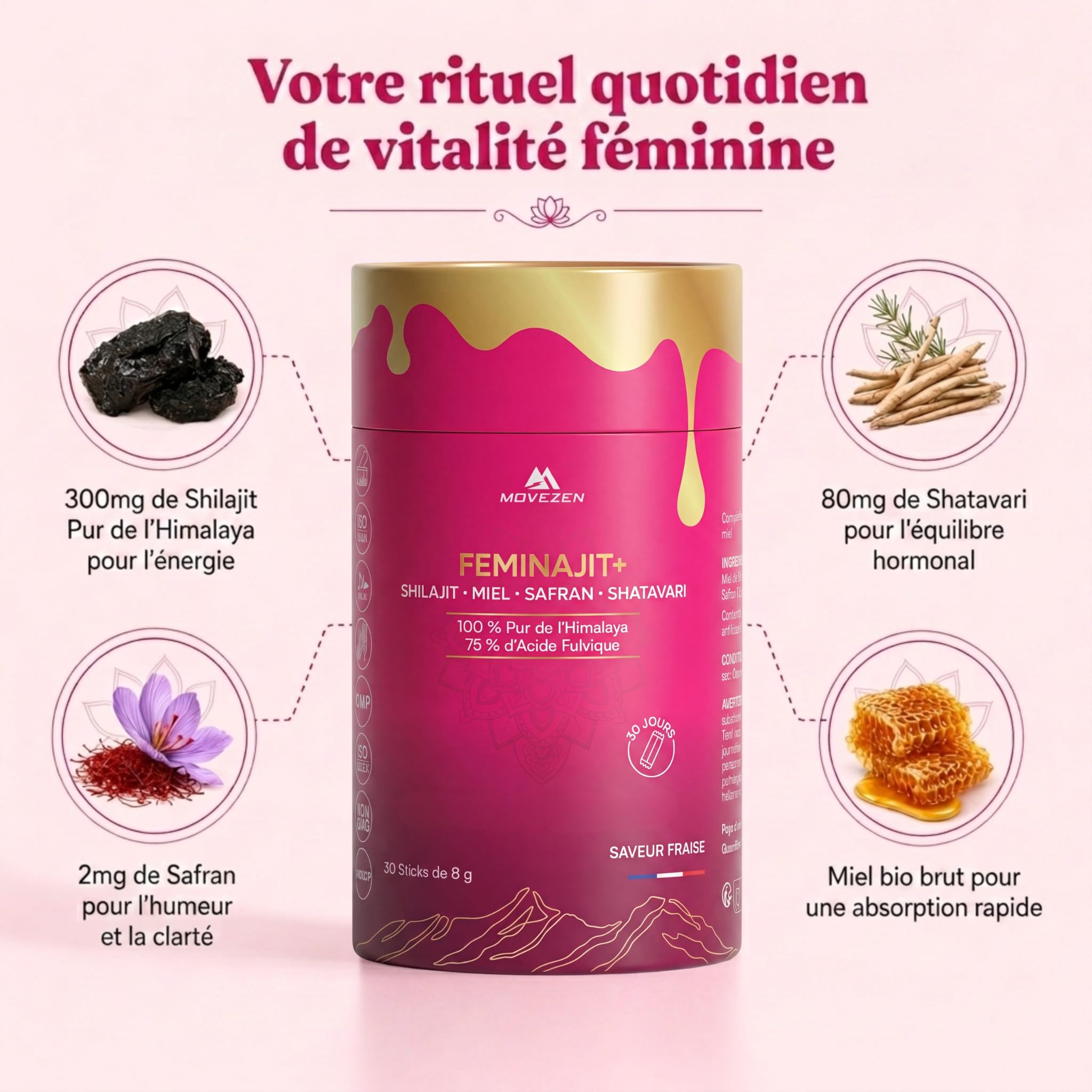 Feminajit+ Shilajit Femme en Stick Pré-dosé, Shilajit Pure Shatavari miel & Safran Movezen, Énergie Durable, Menopause, Vitalité, 30 Sticks Riche en Acide Fulvique, 85+ Minéraux Saveur Fraise