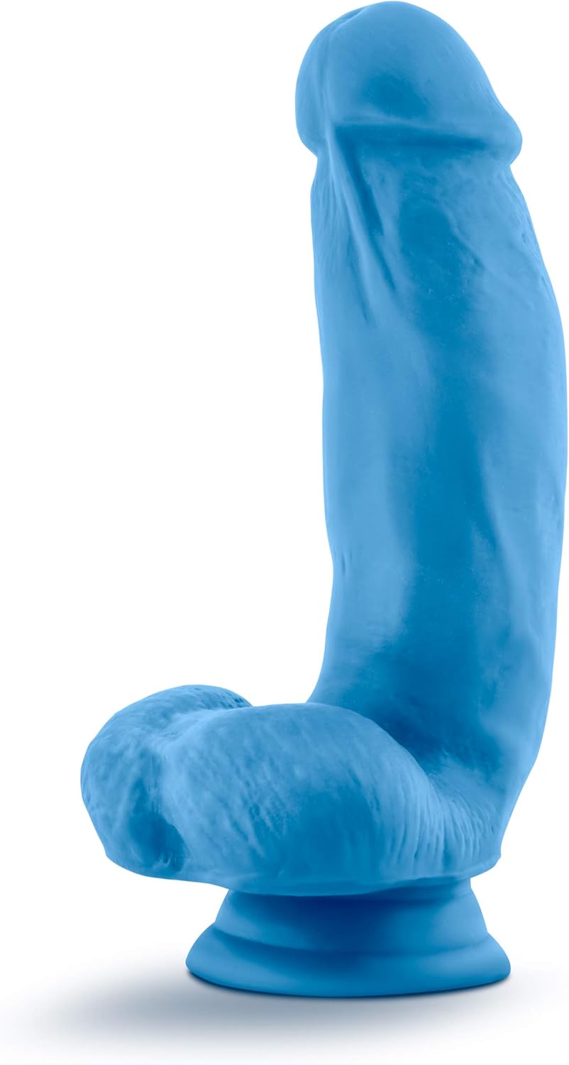 Blush Neo Elite Neon Blue 7" Silicone Dildo w/Balls, Dual Density Realistic Satin Smooth Thick Cock, Suction Cup, Harness Compatible, Body-Safe Vaginal & Pegging Adult Sex Toy for Women, Men, Couples