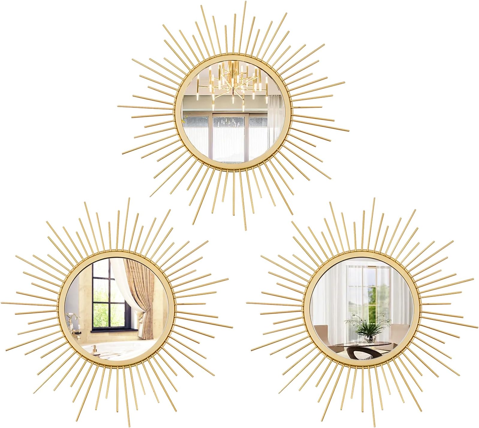 3 Set Sunburst Mirrors for Wall Decor Living Room Bedroom Bathroom Dining Room Metal Boho Sunburst Wall Mirror Set Gold Metal Vintage Circle Art Pack - Gold 11.8 in