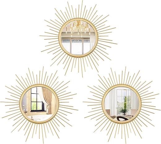 Cityelf 3 Set Gold Sunburst Mirrors for Wall Decorative Metal Mirrors Small Mirror Sets Decor Hanging Mirror Wall Sculpture for Bedroom Living Room Entryway