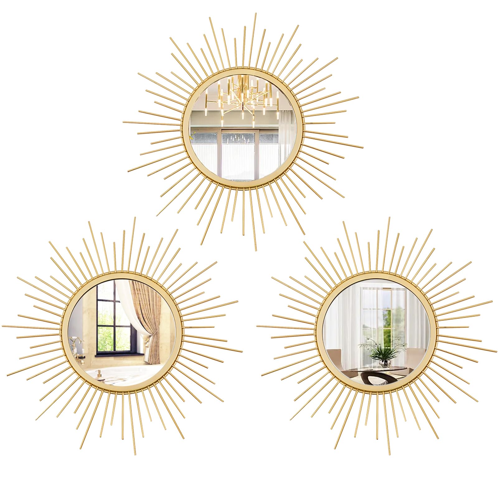 Cityelf 3 Set Gold Sunburst Mirrors for Wall Decorative Metal Mirrors Small Mirror Sets Decor Hanging Mirror Wall Sculpture for Bedroom Living Room Entryway