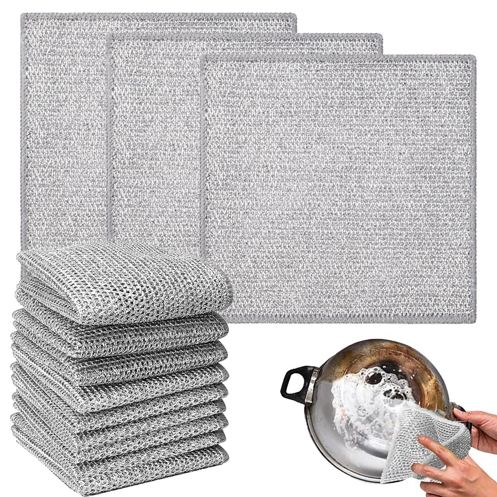 10 PCS Wire Dishwashing Rags Multipurpose Wire Cleaning Cloths Reusable Non Scratch Silver Mesh Dishcloth for Home Kitchen Pots Dish Sink Stove Top Wet and Dry Use