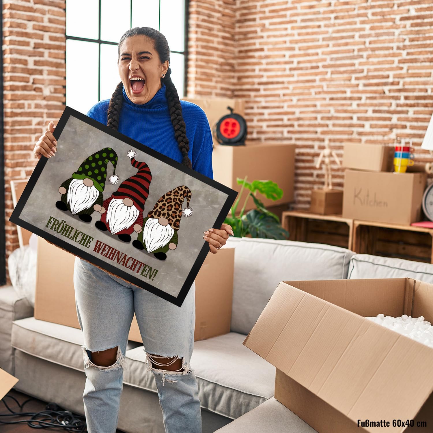 speecheese DREI Wichtel - Fröhliche Weihnachten Fußmatte XXL in 50x75 cm Weihnachten animiertes Bild grüner Hut roter Leopardenmuster - Perfekte Fußmatte XXL in 50x75 cm für Festtage