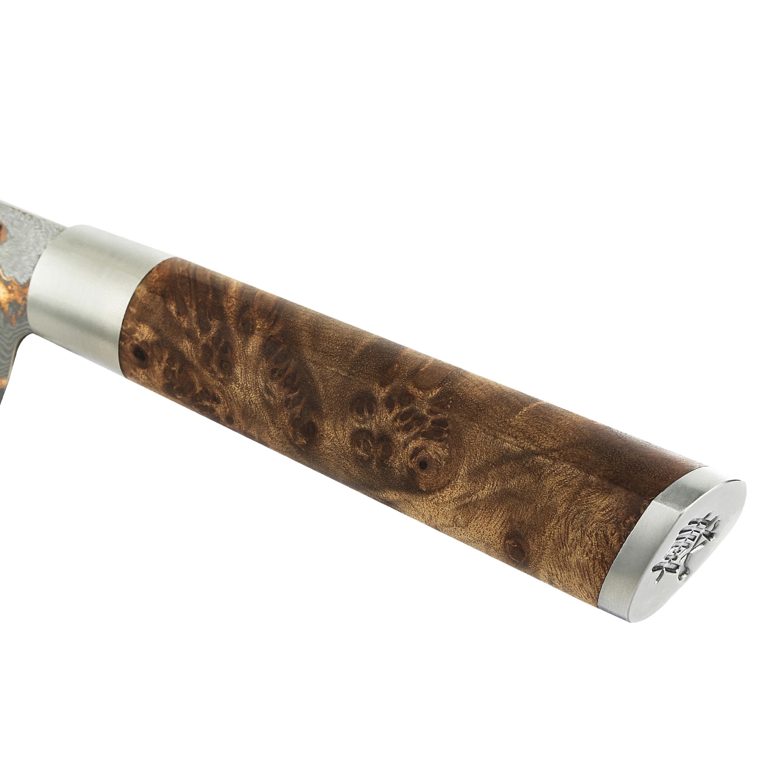 zayiko MysticMagma kleines Santokumesser mit Gravur – Personalisiertes Messer, 12 cm Damaststahl-Klinge, Kupfer- & Bronzeinlay, Ahornwurzelholzgriff – Messer mit Gravur personalisiert, Geschenkbox