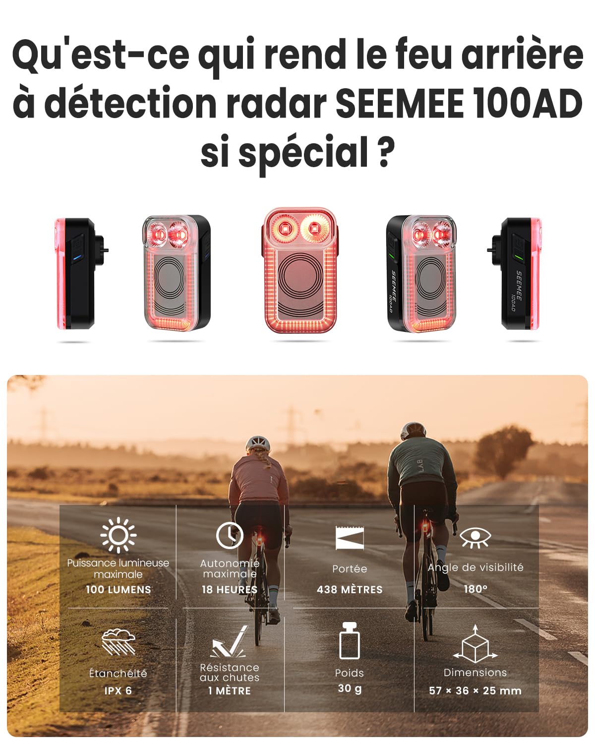Feu arrière de vélo Magicshine Radar SEEMEE100AD, contrôle FTR LightSync, éclairage arrière de vélo Radar avec Recharge USB 700 mAh IPX6 100 lumens, éclairage arrière de vélo pour la Conduite de Nuit