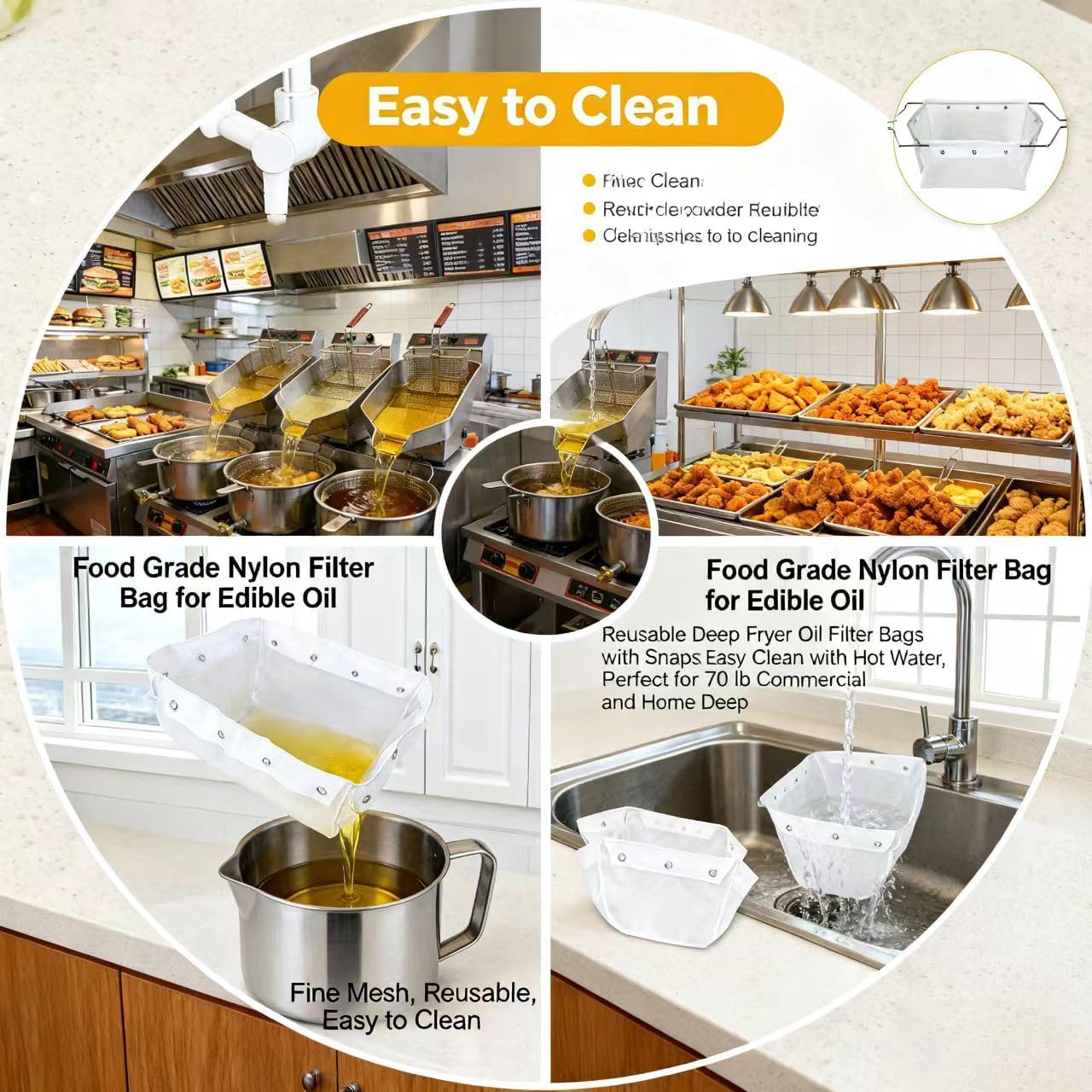 (2 Filter Bags-1Frame) Reusable Fryer Oil Filter Bag & Frame Set, Extends Oil Life, Easy Clean, for 70 lb Commercial & Home Deep Fryers image 3