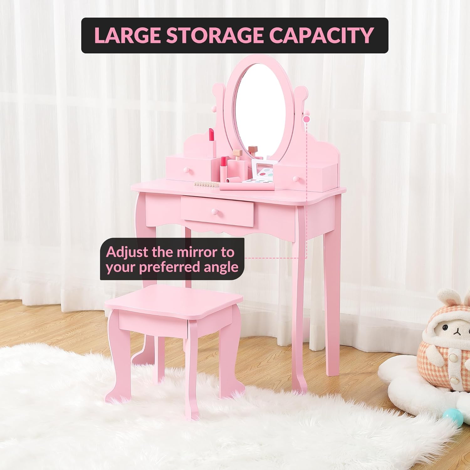 Kids Vanity Set with Mirror & Drawers, Princess Makeup Dressing Table and Stool Playset for Girls Ages 4-9, Wooden Pretend Play Set for Creative Dress-Up Fun, Birthday Gifts, and Room Decor