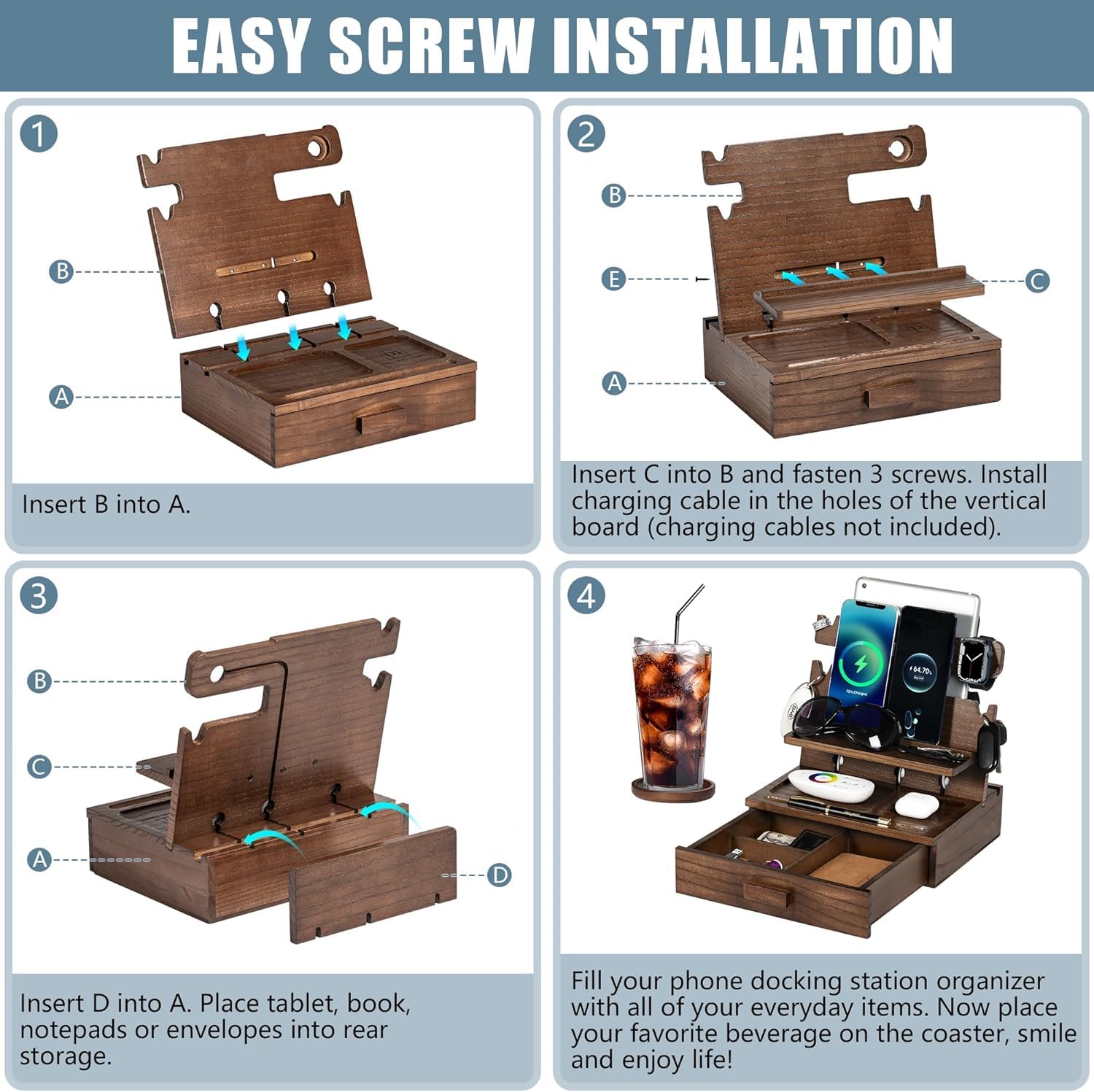 Station d'accueil en bois pour téléphone portable avec tiroirs, compatible avec Apple - station de recharge en bois rack de rangement, chevet pour homme rack de rangement pour téléphone portable, clés