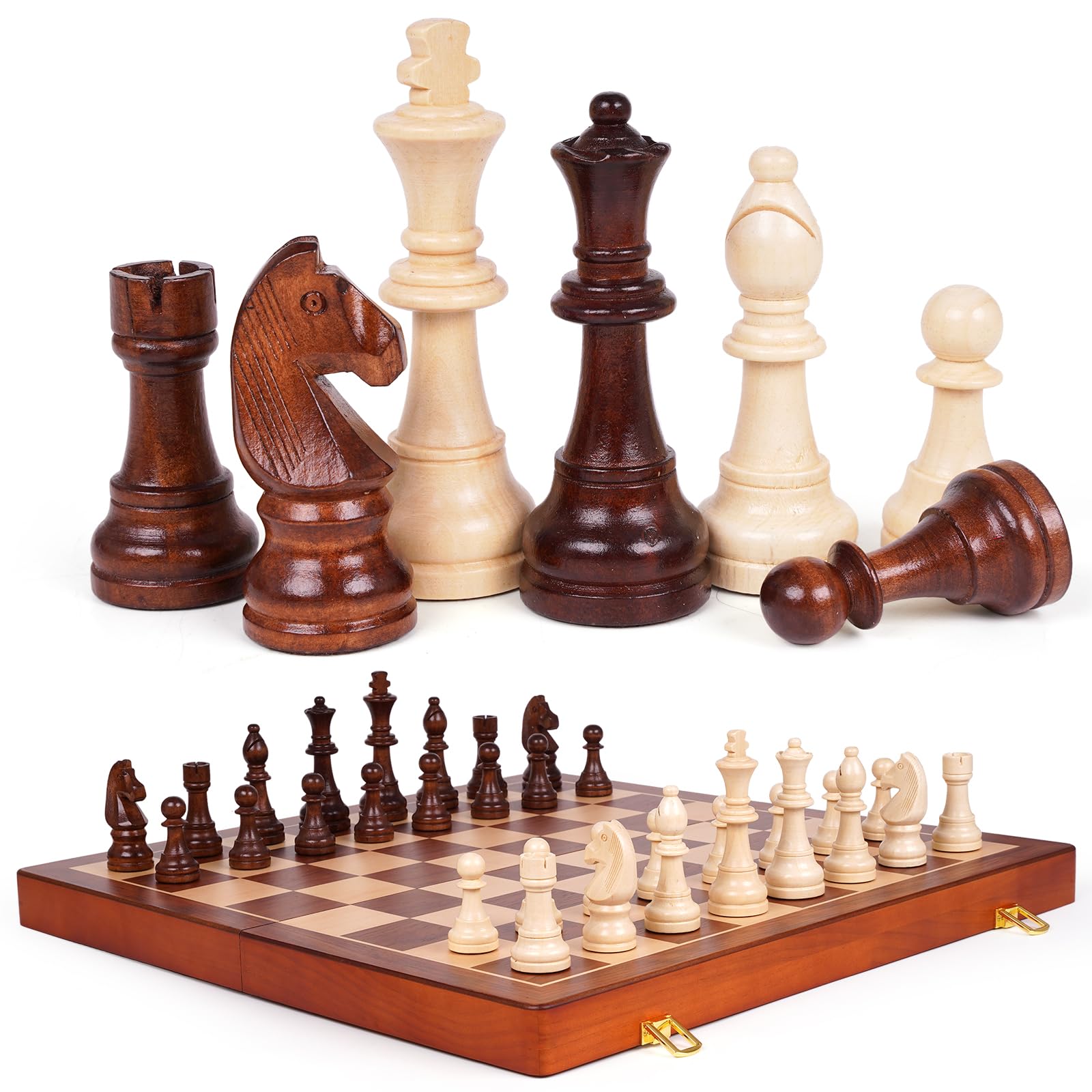 20 Inch Super Large Wooden Chess Set, Hand-Carved Wooden Chess Pieces with 4.5” King, Built-in Storage & 2 Extra Queens, Luxury Folding Tournament Chess Board Game for Adults and Kids