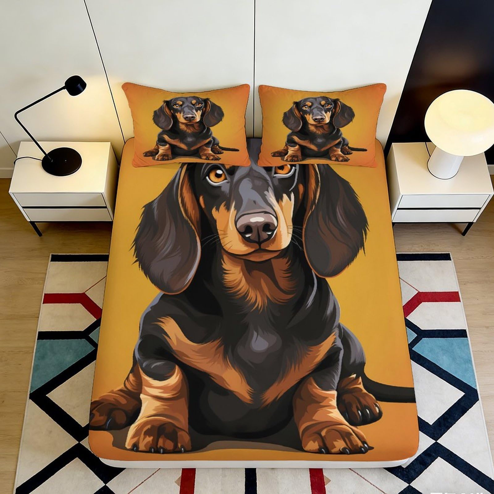 3D Printed Dachshund Dog Fitted Sheet Microfiber Soft Orange Bedroom Decor Bed Cover for Mattress Protection 120x200x25cm