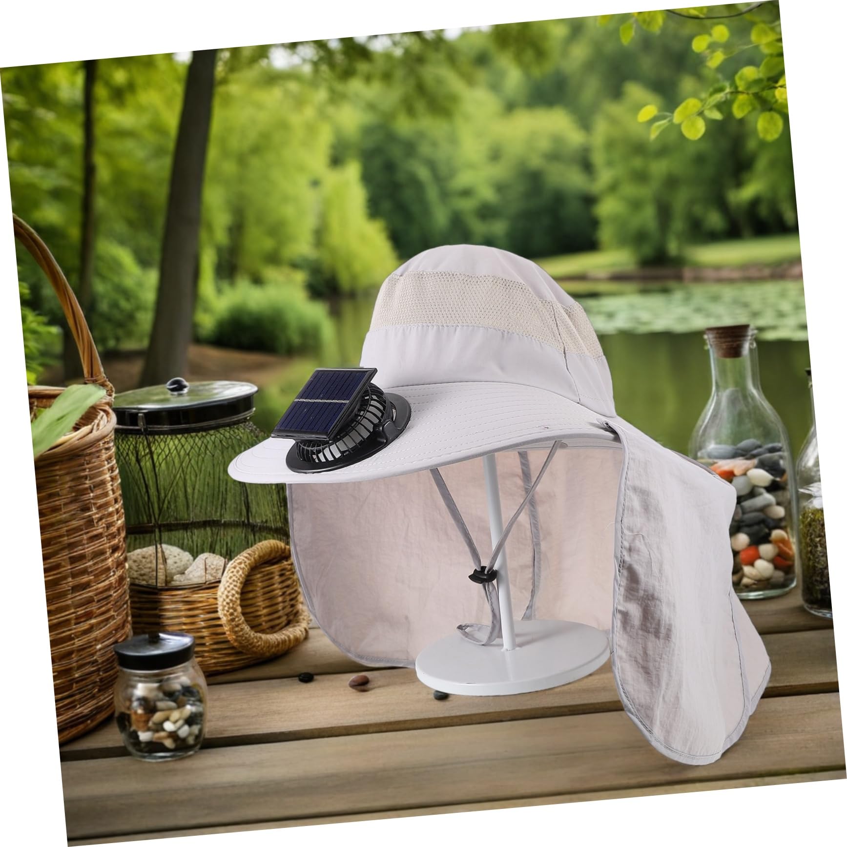 Cappello da Pesca a Tesa Larga con Ventola Solare, Estivo | Protezione UV con Copricollo Integrato, per Vacanze Estive, Giardinaggio e Hiking All'aperto