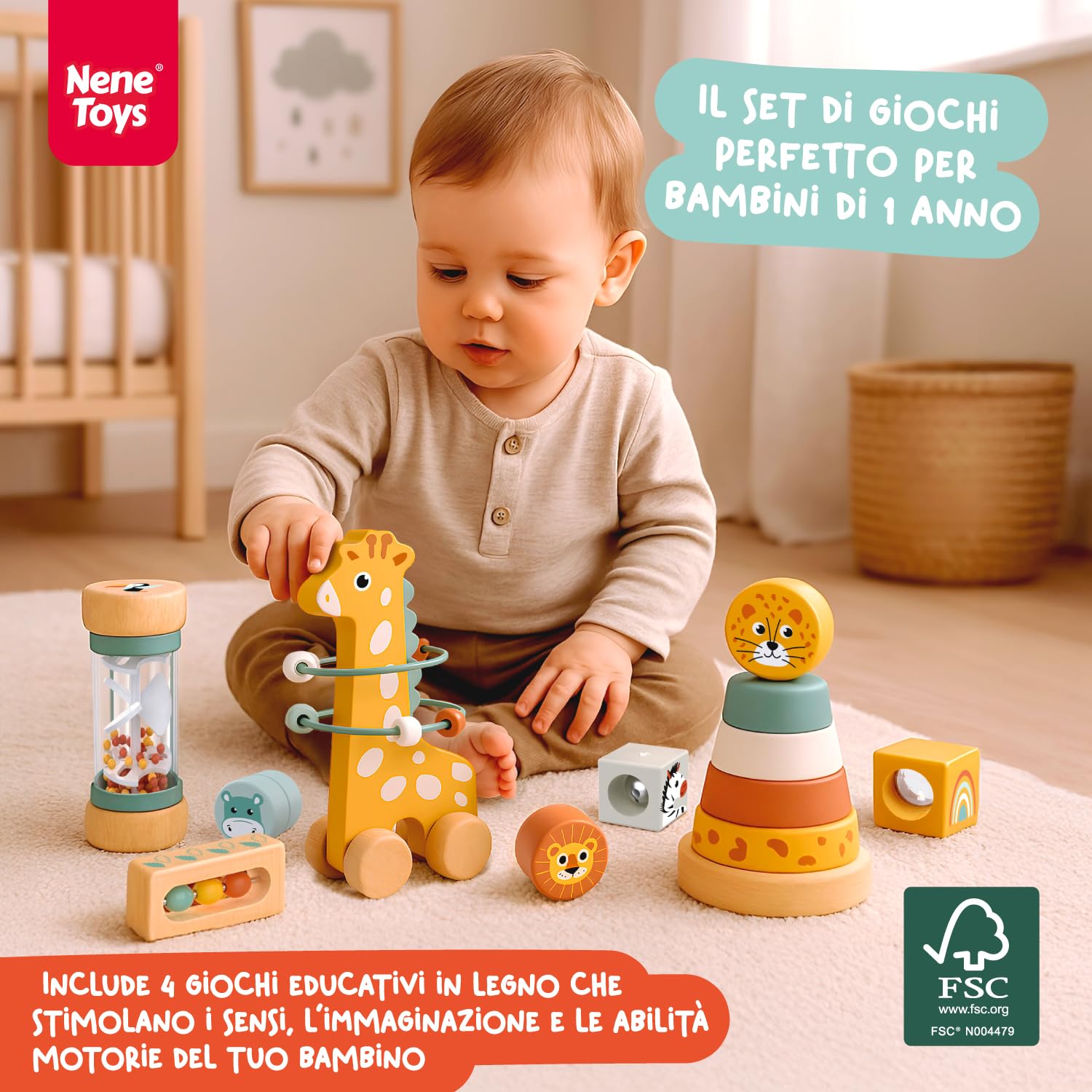 Nene Toys Giochi Bambini 1 Anno – Giocattolo Montessori Didattici in Legno con Blocchi Sensoriali, Pioggia Sonora, Labirinto Giraffa & Anelli da Impilare – Regalo Educativo Bimbo Bimba 1 2 Anni