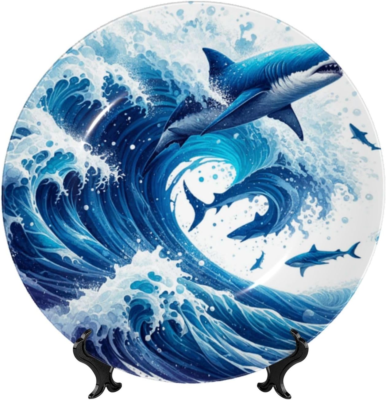 Sharks-Swirling-Ocean-Waves 10 Inch Decorative Plate With Stand, Elegant Display Wall Plate For Home Decor