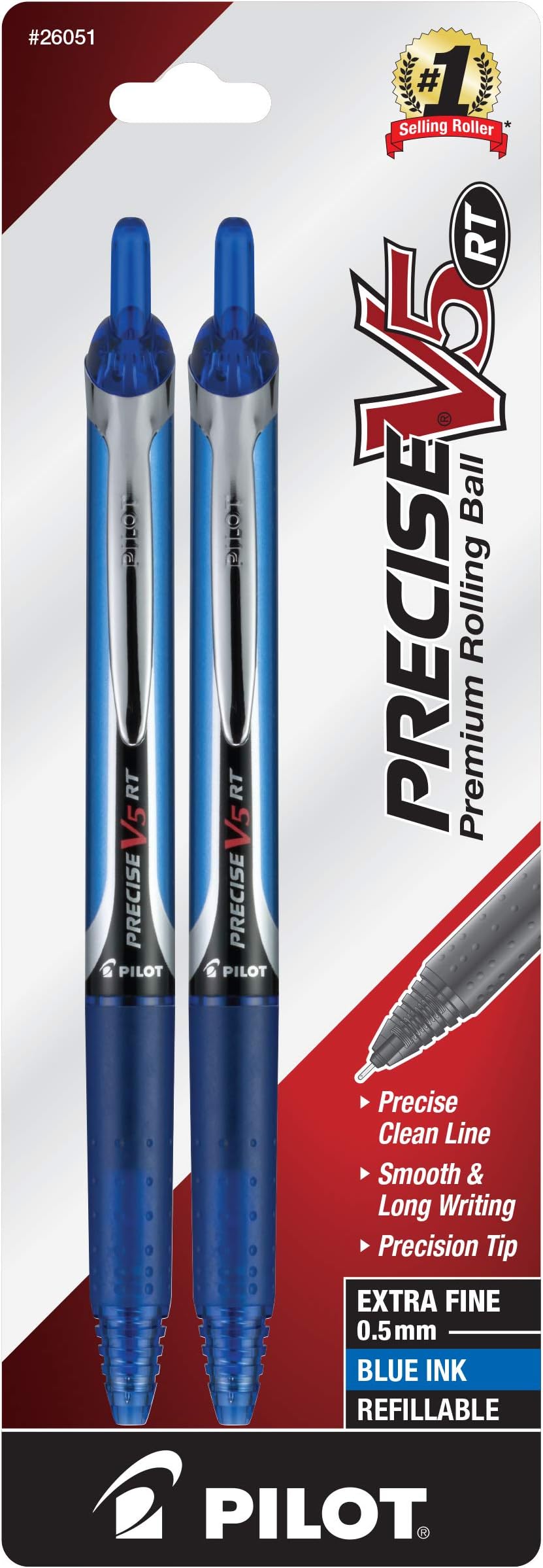 PILOT Precise V5 RT Refillable & Retractable Liquid Ink Rolling Ball Pens, Extra Fine Point (0.5mm) Blue Ink, 2-Pack (26051)