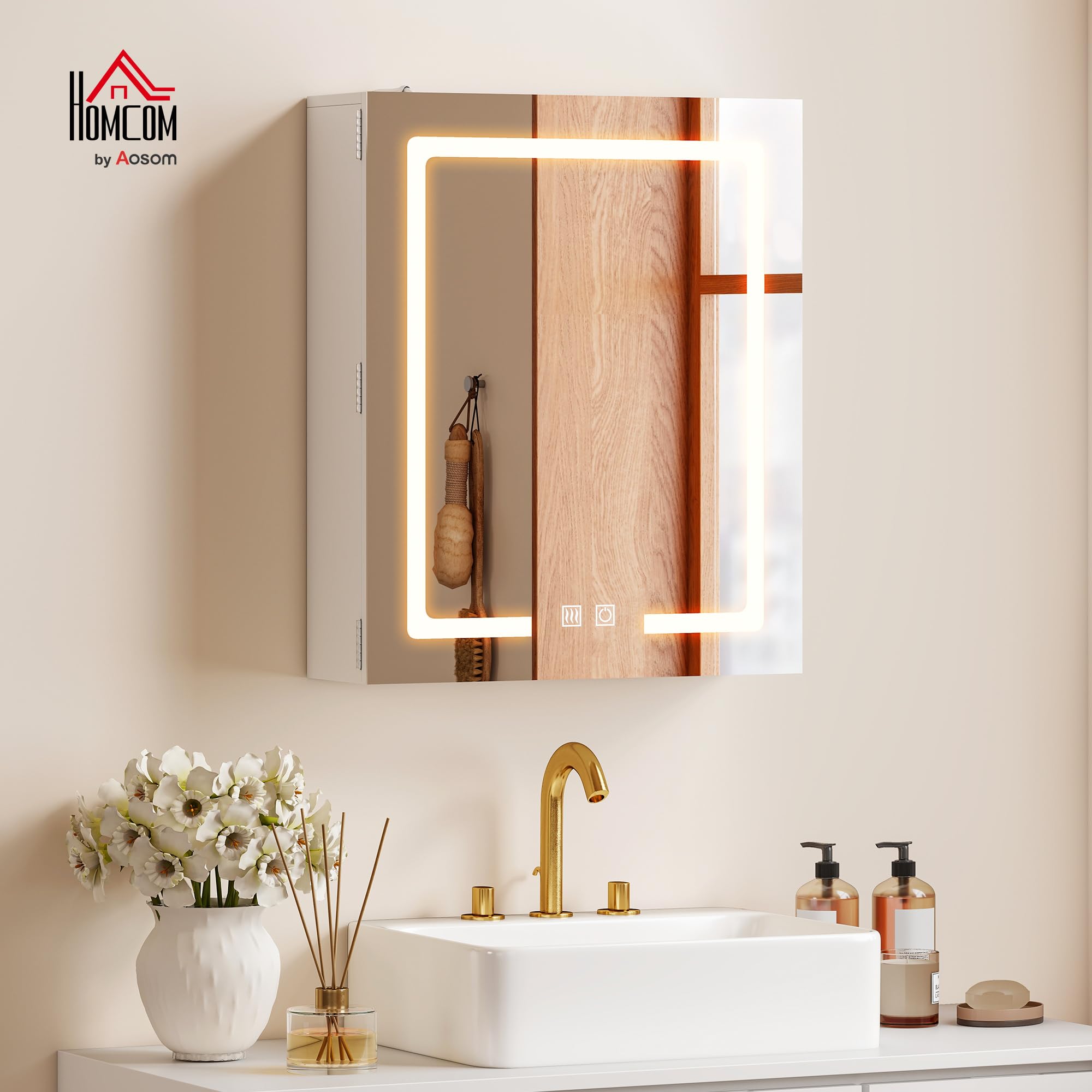 HOMCOM Armoire Murale Salle de Bain avec Miroir et éclairage LED, 50 x 15 x 60 cm, Meuble Salle de Bain avec Anti-buée, étagères réglables, 3 températures de lumière, Interrupteur Tactile, Blanc