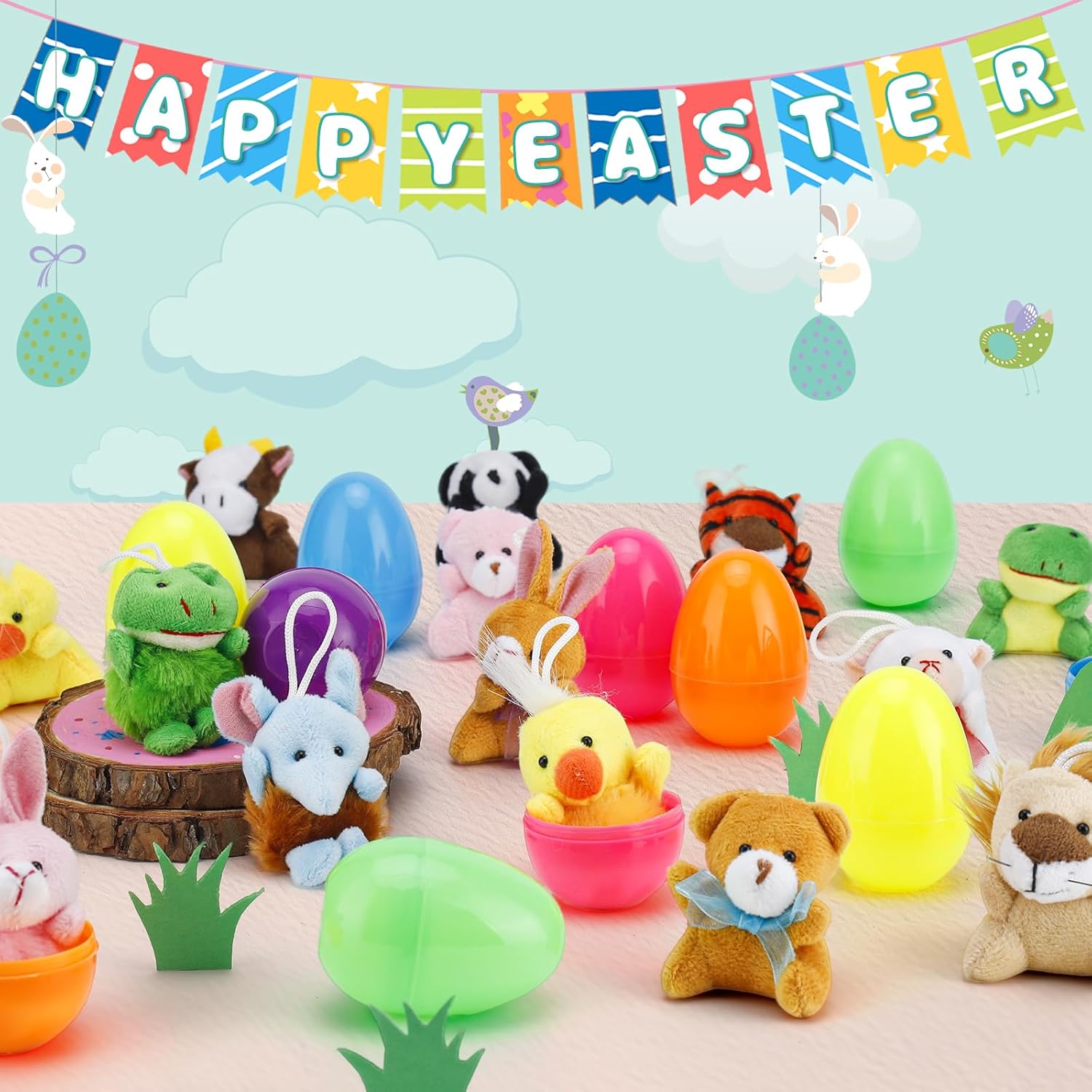 12 Pack Prefilled Easter Eggs with Animals Stuffers Plush Toys for Easter Egg Hunt, Easter Basket Stuffers Fillers, Easter Party Favors, Easter Classroom Prize Supplies