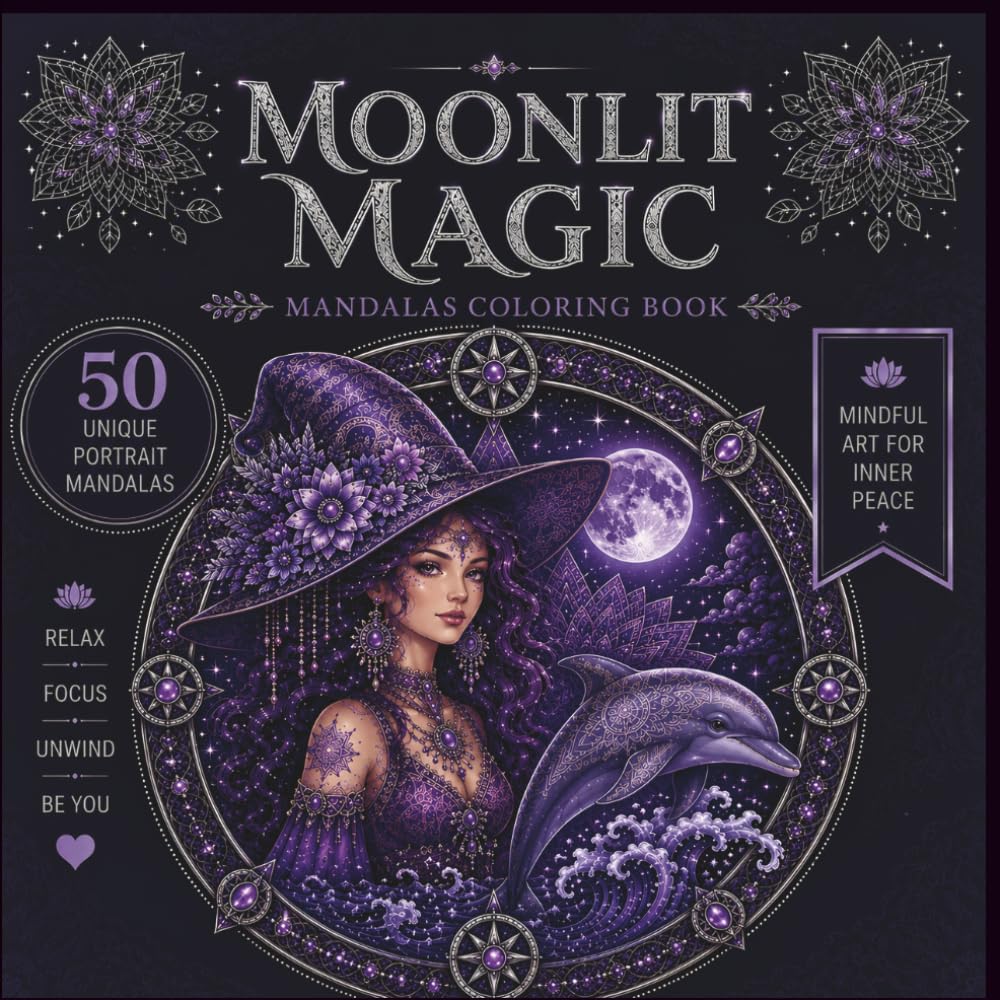 Mandala Witch Coloring Book for Adults Moonlit Magic: 50 Unique Witch Portrait Mandalas Featuring Celestial Symbols, Moon Magic and Mystical Designs (The Enchanted Mandala Collection)