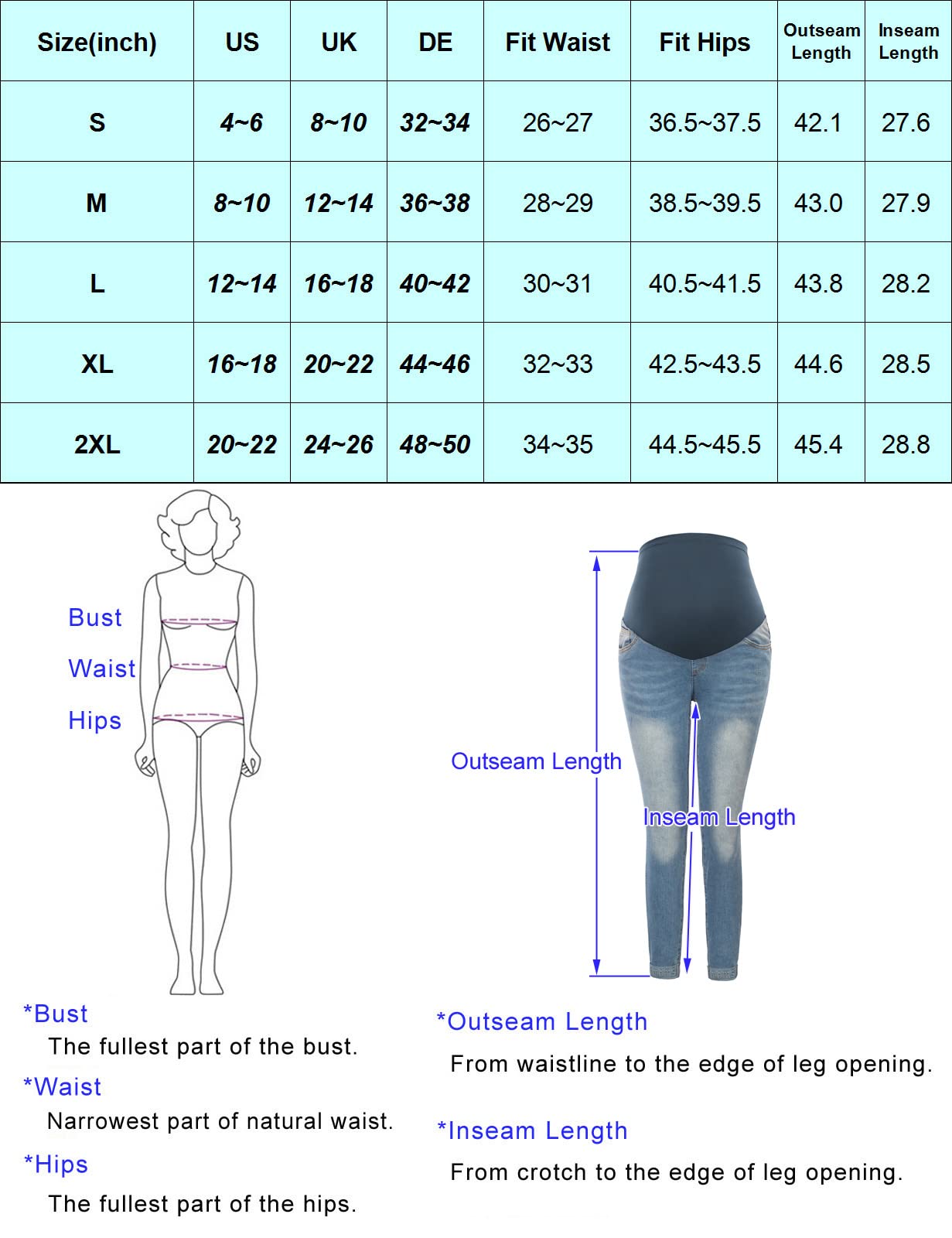 Maacie Pantalon de maternité long élastique en jean pour grossesse confortable printemps été