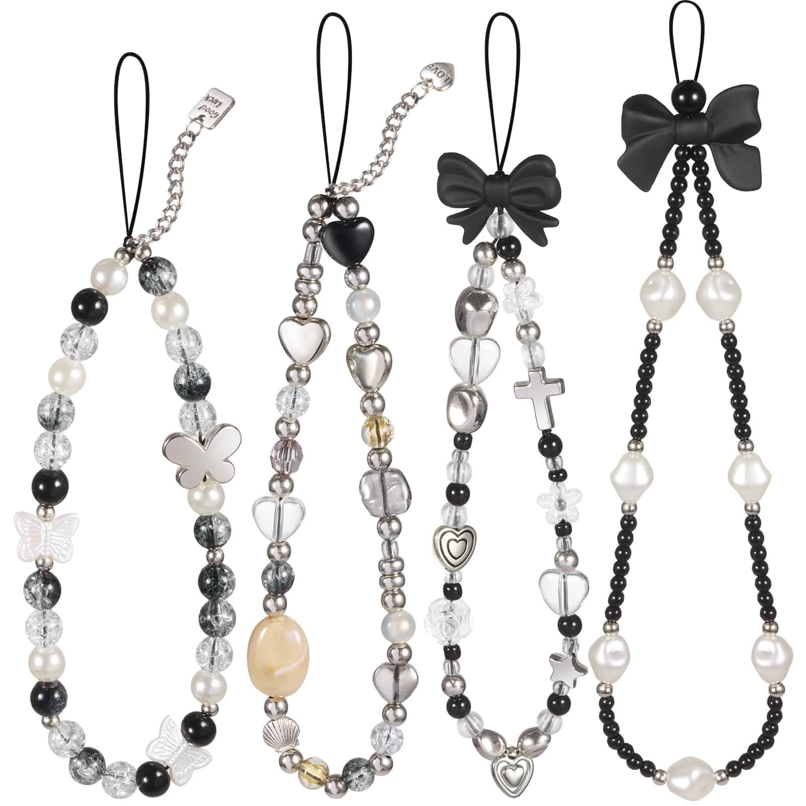 Draupnir 4pcs Phone Charms Strap, Butterfly Bow Camera Strap Wrist Beaded Phone Bracelet Wrist Straps, Pearl Bracelet Lanyard Keychain Charm for Women