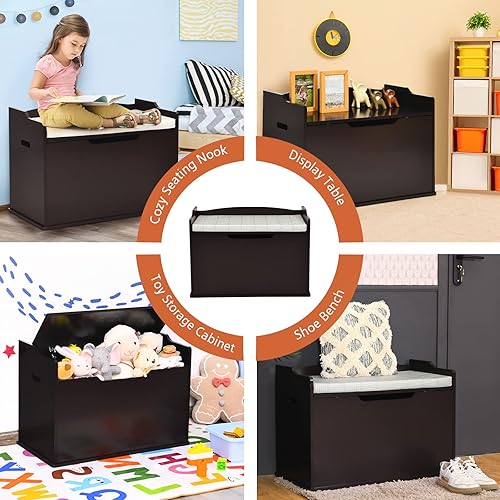 Miniatura 9 de Costzon Baúl de madera para juguetes para niños, caja ancha de almacenamiento para juguetes con asiento de banco, caja de almacenamiento de juguetes