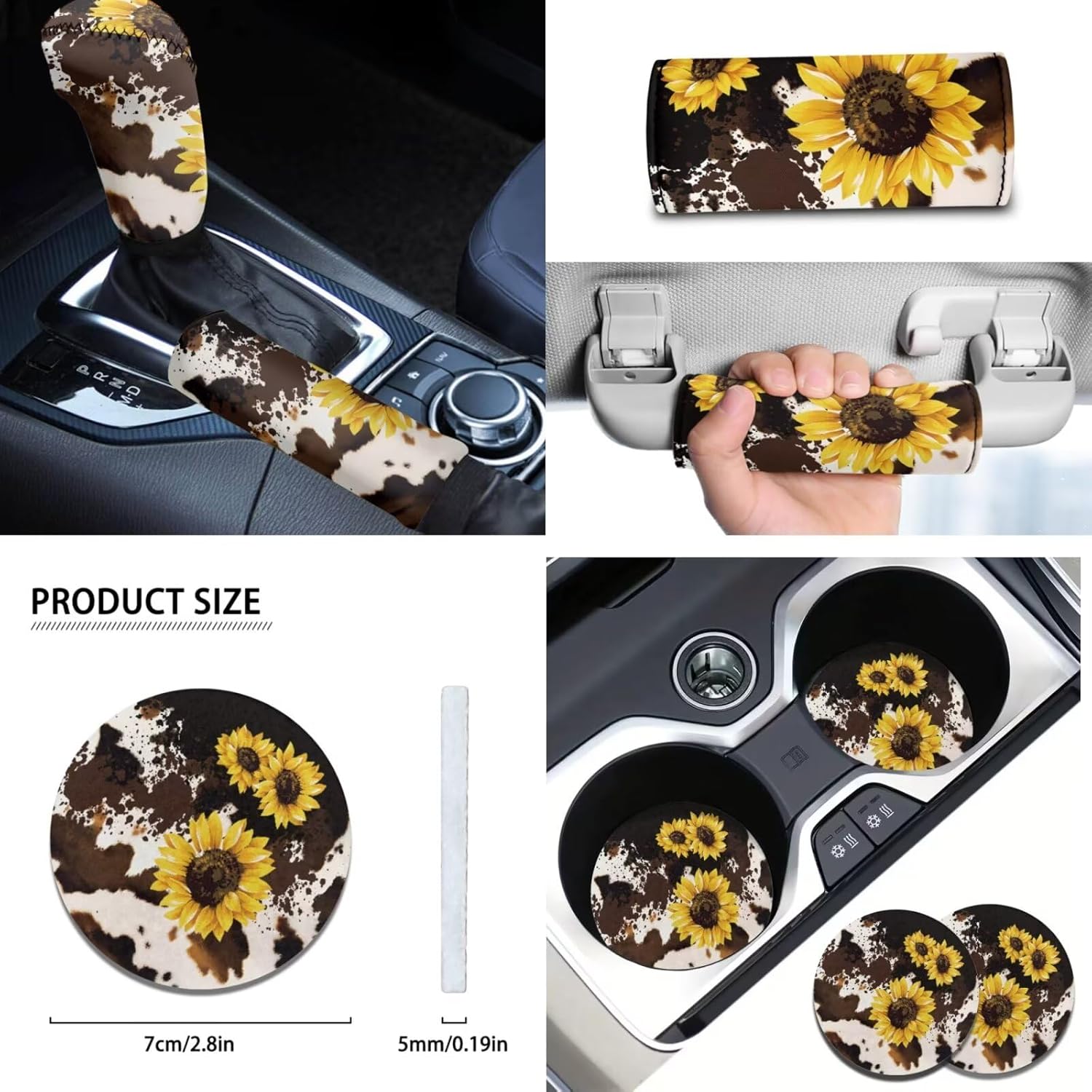 Cow Sunflower Car Seat Covers Set for Women Men, Car Seat Covers Armrest Cushion/Steering Wheel Cover/Seatbelt Pads/Shift Handbreak Cover Full Set of 14 Automotive Interior Accessory