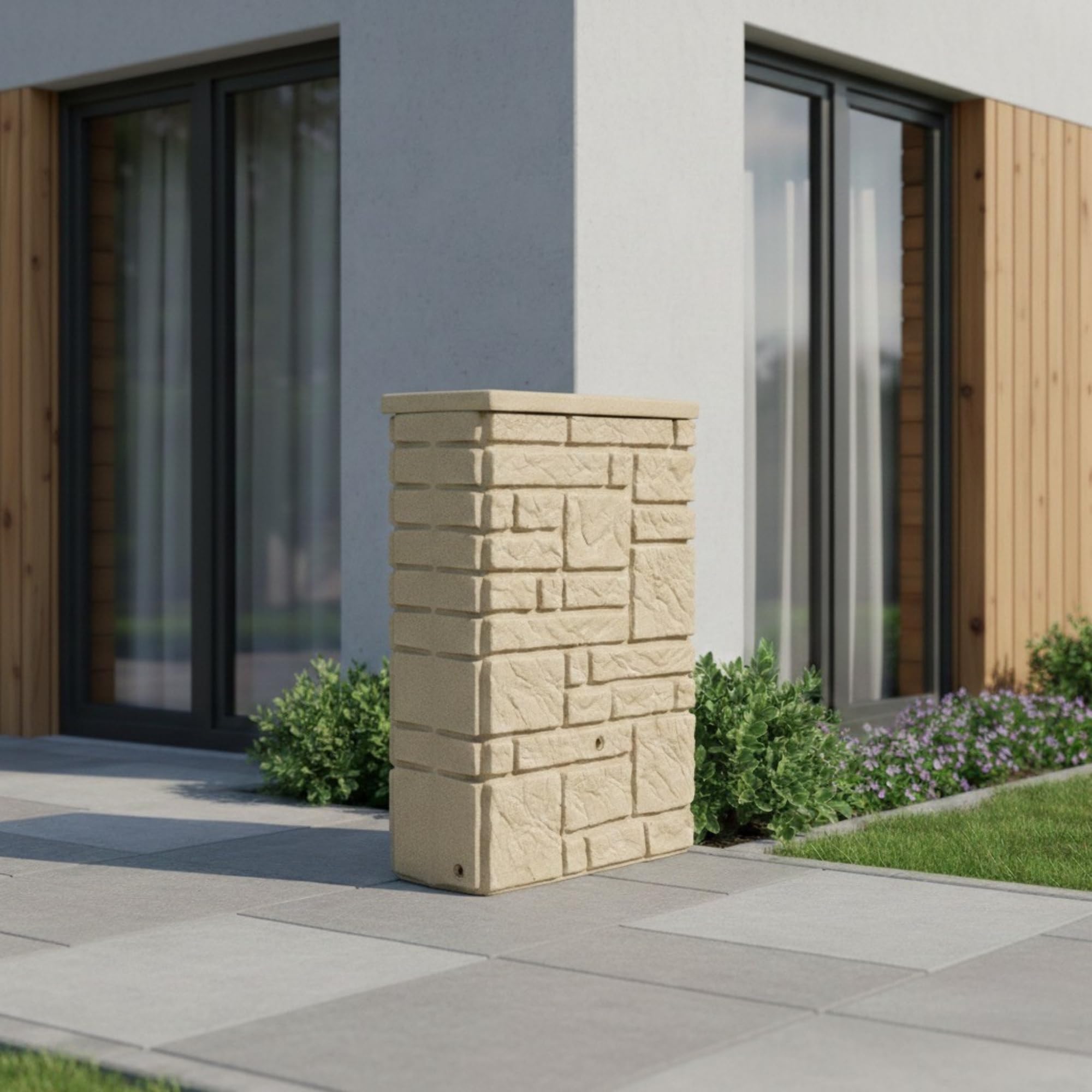 YourCasa Regentonne 300 Liter [StoneRain] mit Metallgewinde und Deckel in Steinoptik - Regenfass Frostsicher aus Kunststoff - Regenwassertonne - Regenwassertank Garten Wassertank Regensammler (Sand)