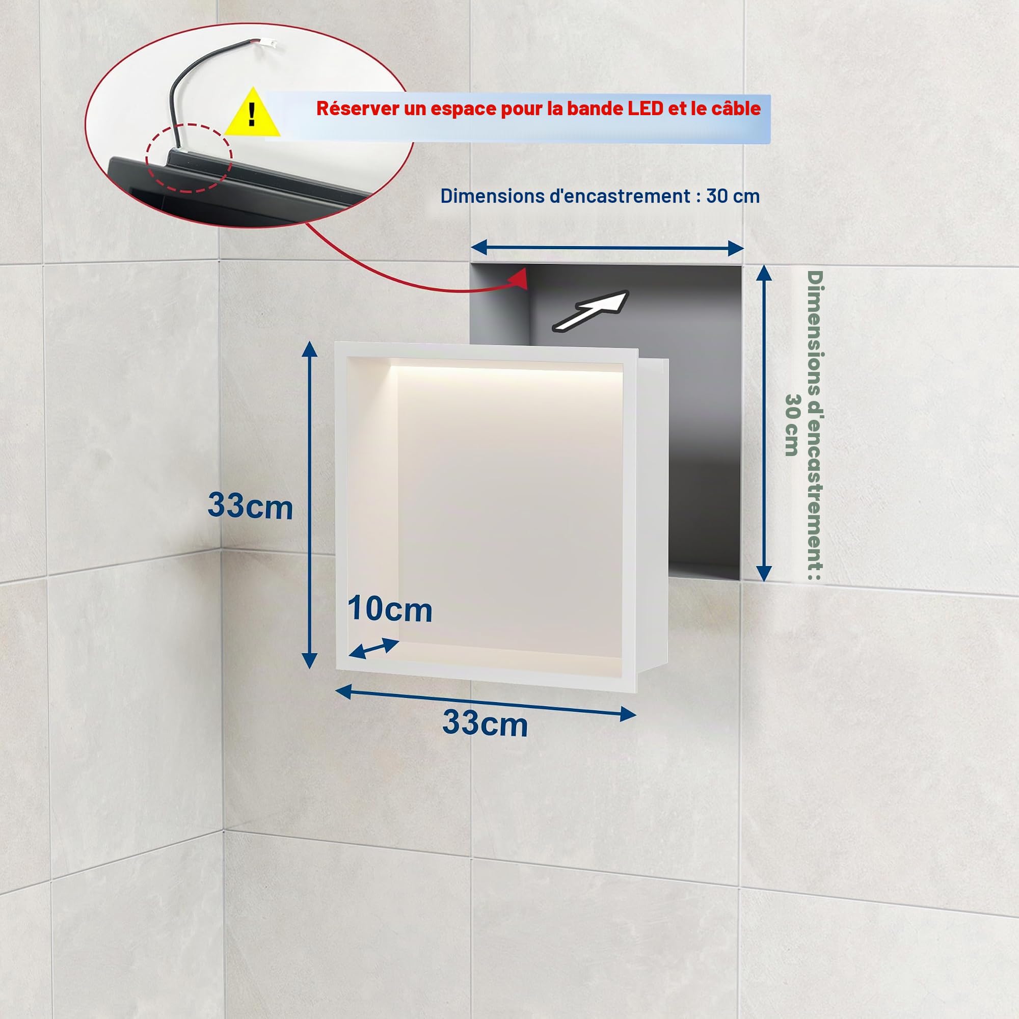 Niche de douche murale en acier inoxydable avec lumière LED, niche de douche encastrée blanche, étagère de rangement simple pour salle de bain, 30x30 cm