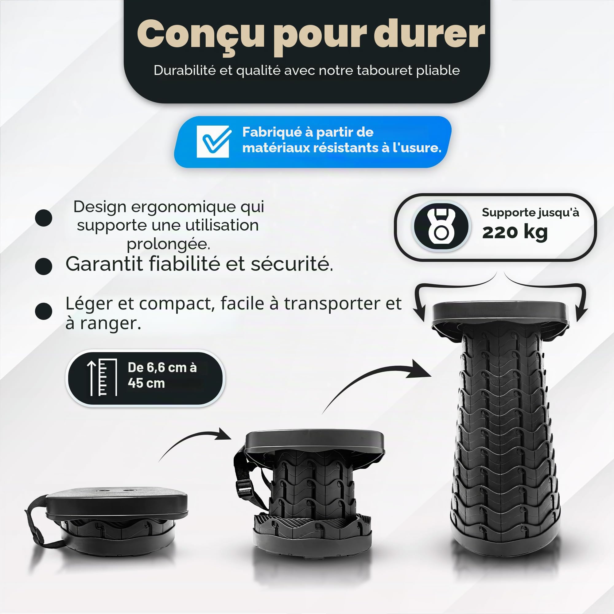Tabouret Pliant Portable avec Coussin Confort – Siège Télescopique Réglable en Hauteur, Léger et Robuste – Tabouret Pliable de Camping, Randonnée, Pêche, Jardin, Festivals, Voyage – Charge Max 200 kg