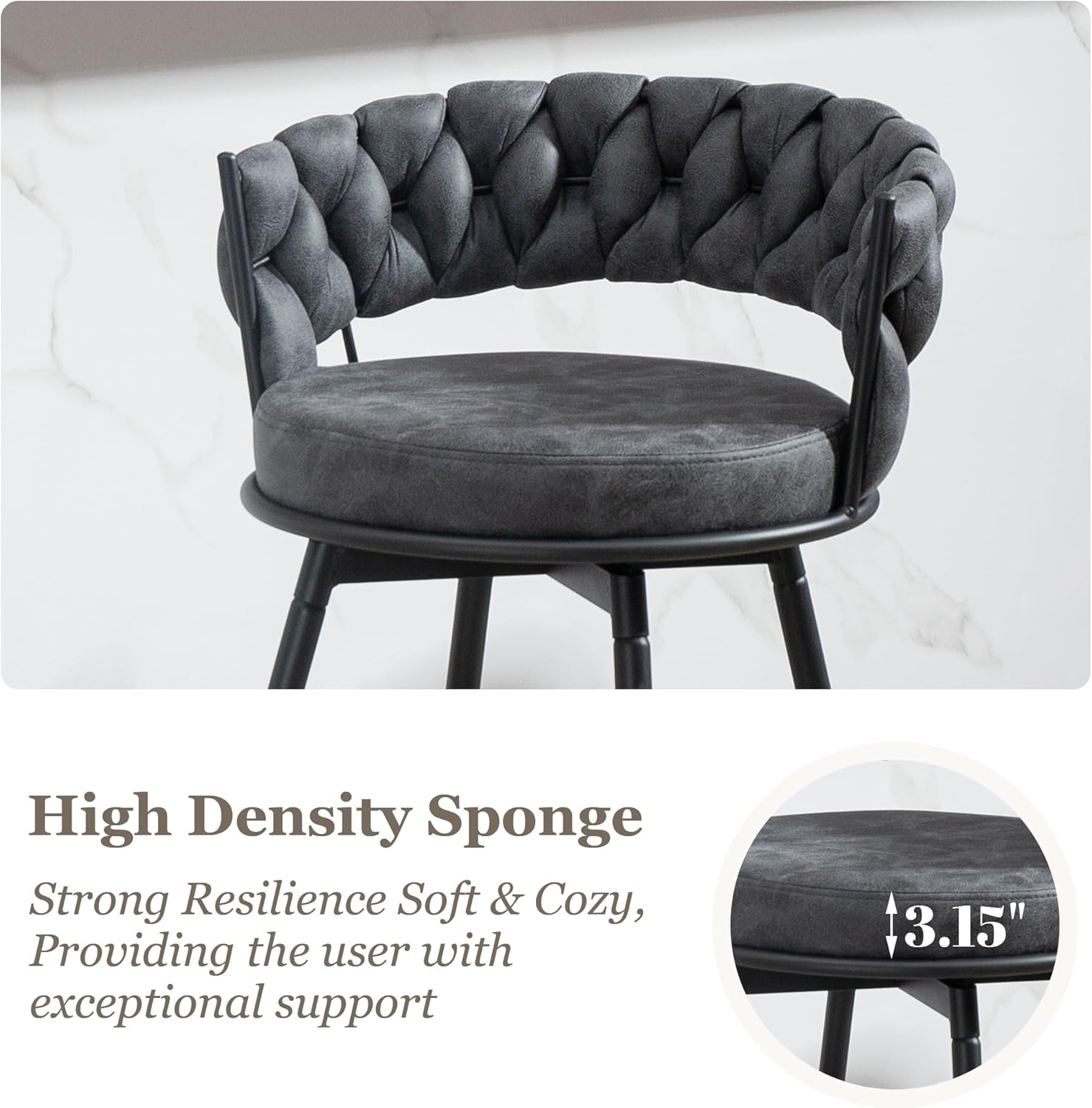 Swivel Bar Stools Set of 2, 24 Inches Modern Counter Height Bar Stools with Woven Back, Upholstered Suede Tall Barstools for Kitchen Island, Cafe, Grey