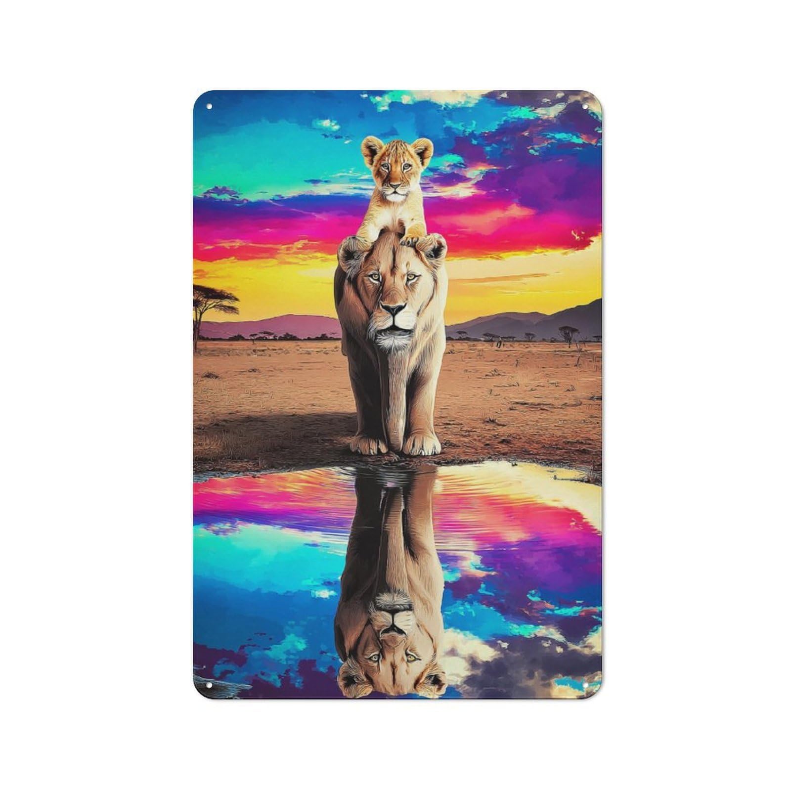Junmoney Lion Family Reflection Rustic Metal Wall Sign 30X20cm Featuring For Pub Or Café, For Vintage Wall Decor Fans, For Metal Sign Collectors