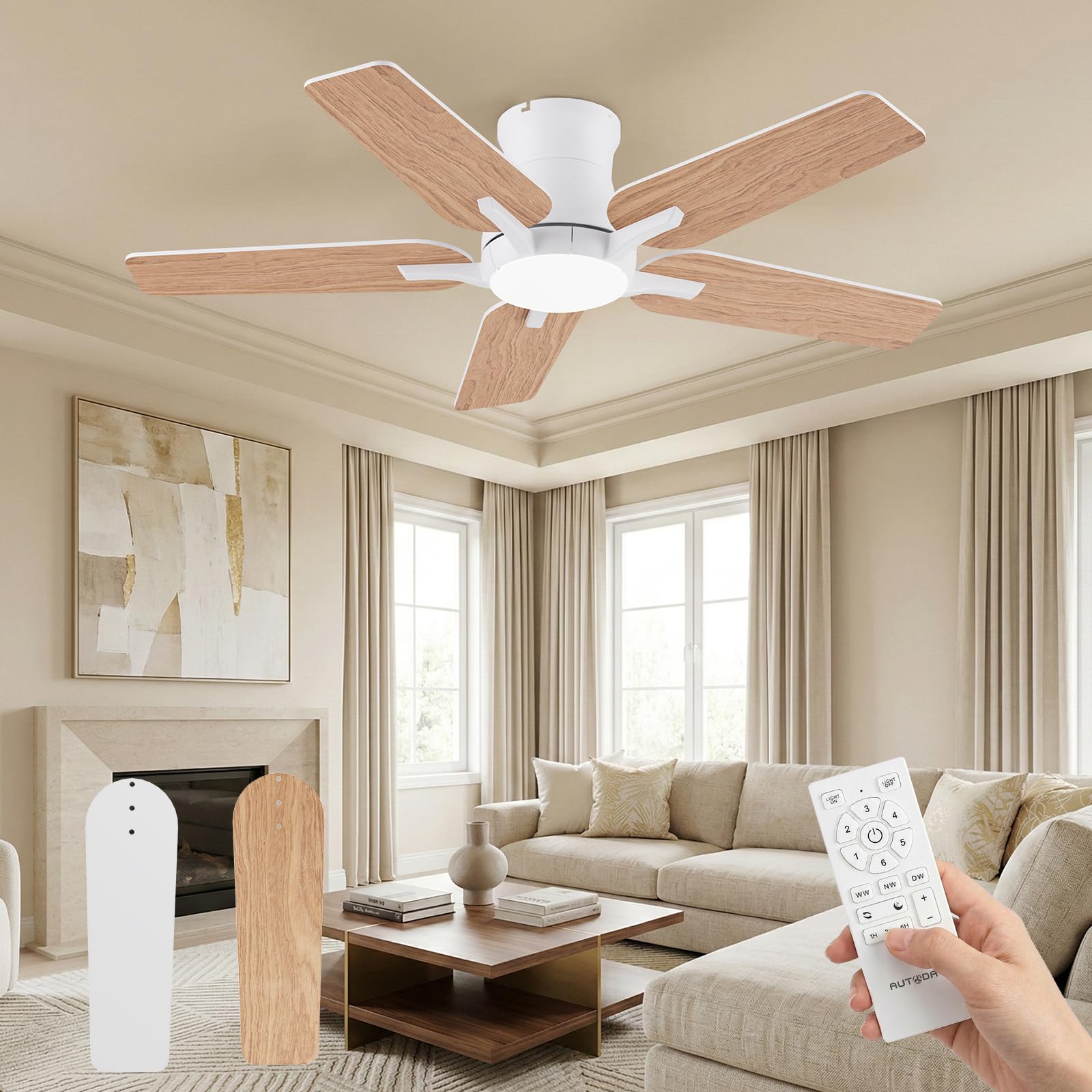 Ventilador de techo con luces de 122 cm, ventilador de techo con mando a distancia, silencioso motor reversible de CC, memoria 3CCT, regulable, 6 velocidades,Blanco